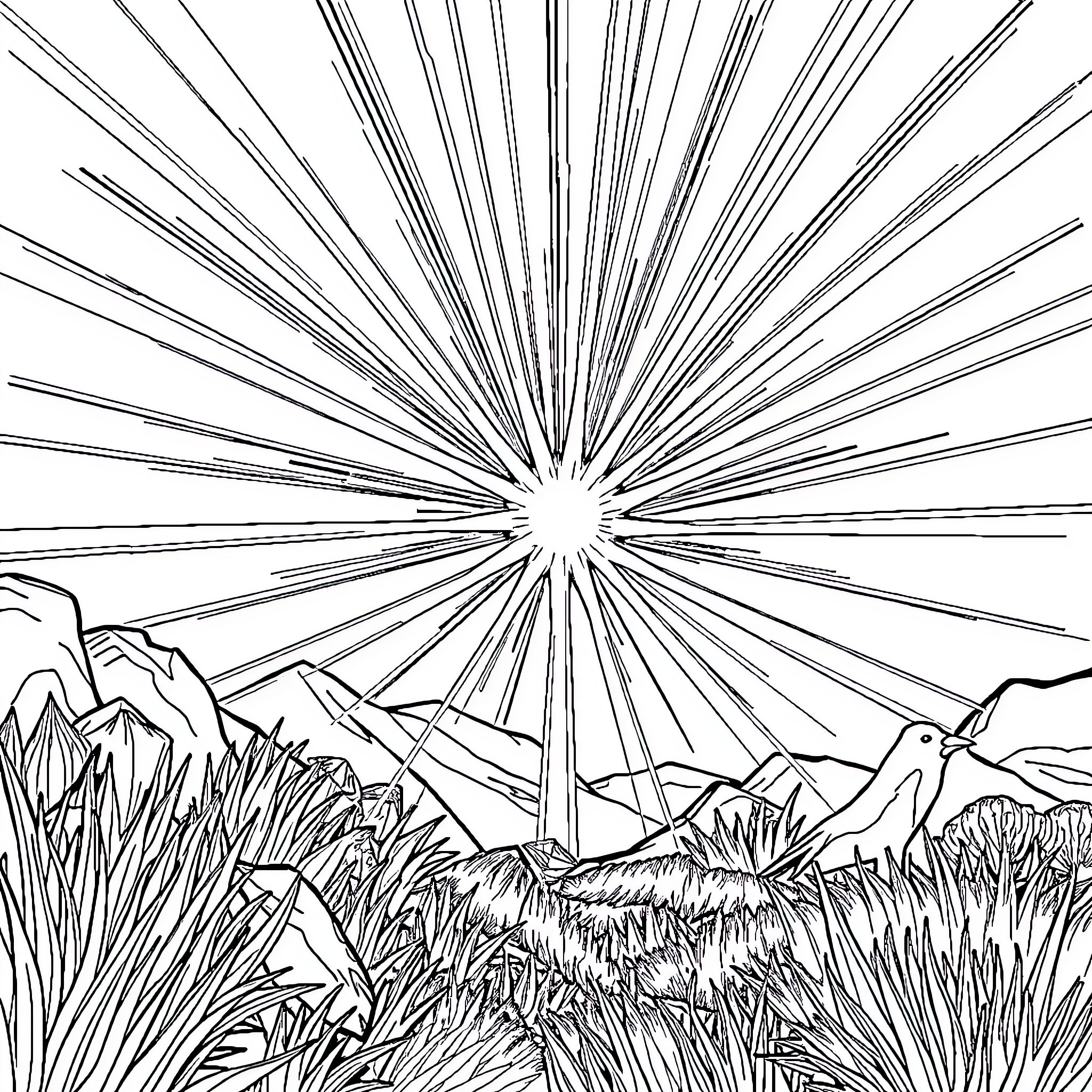 Viltrume Mark - Radiant Landscape with Sunburst Coloring Page (free black-and-white line drawing printable PDF for all, from beginners to advanced learners, including children, teens, adults, and seniors)