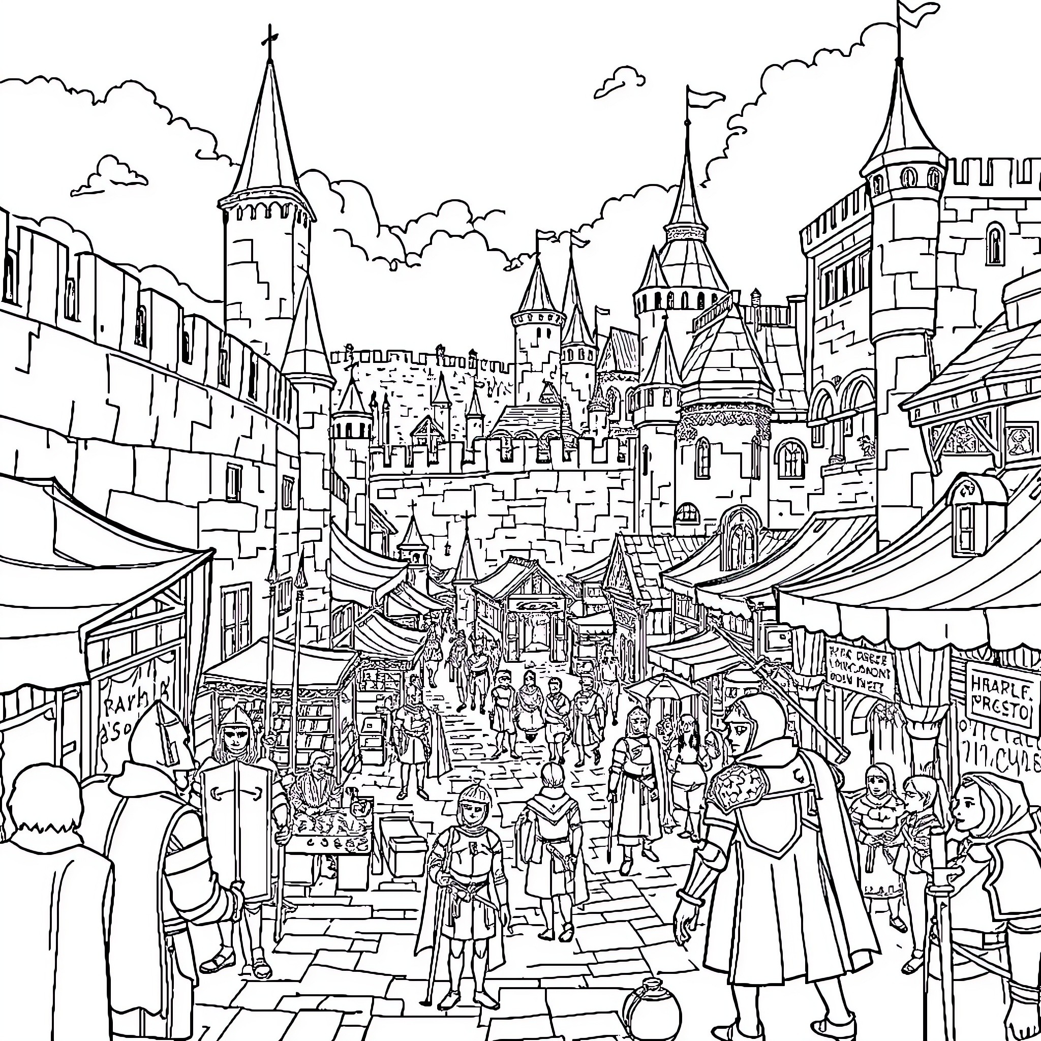 City of Medieval Spectacle and Commerce Coloring Page (free black-and-white line drawing printable PDF for all, from beginners to advanced learners, including children, teens, adults, and seniors)
