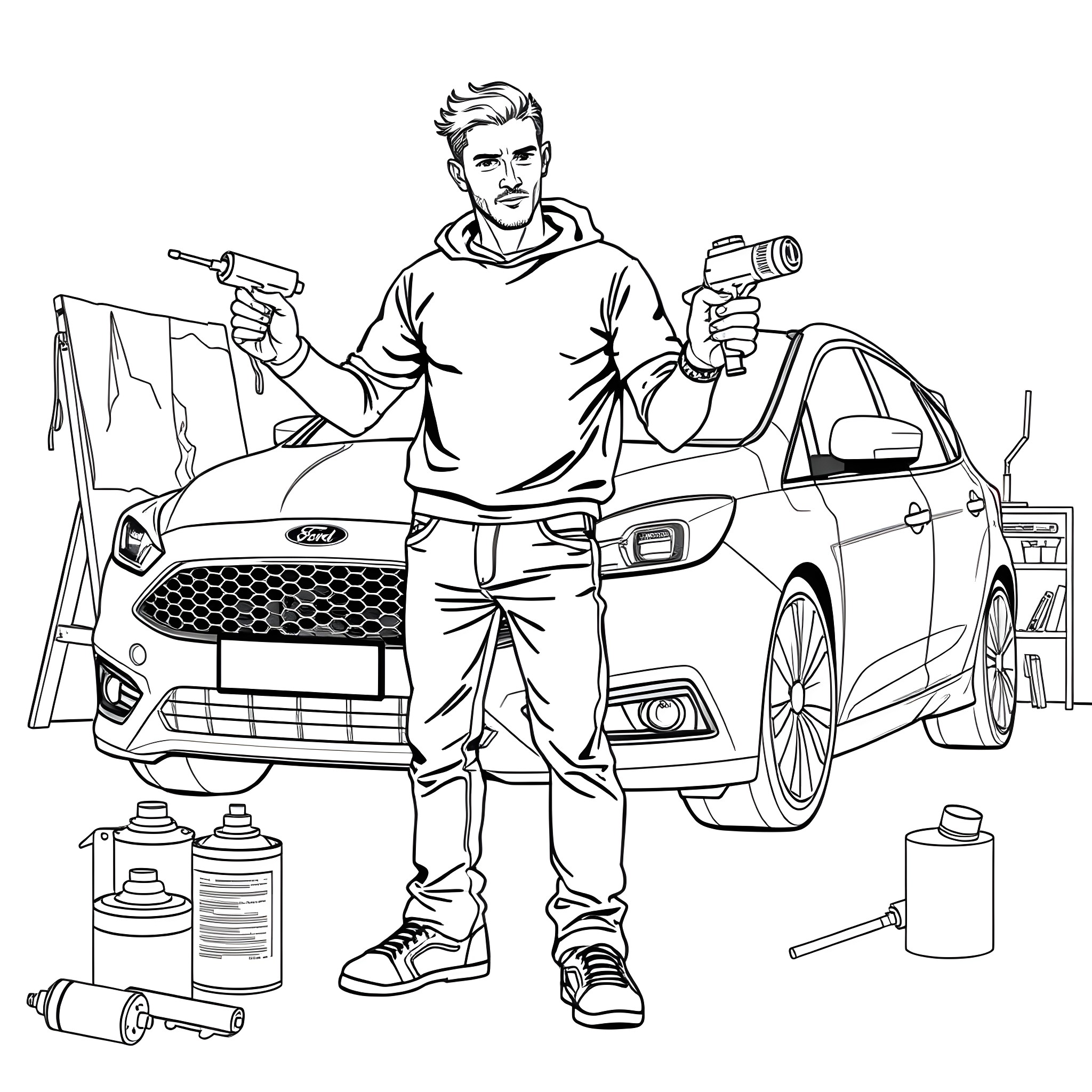 Man working on repairing his modern car Coloring Page (free black-and-white line drawing printable PDF for all, from beginners to advanced learners, including children, teens, adults, and seniors)