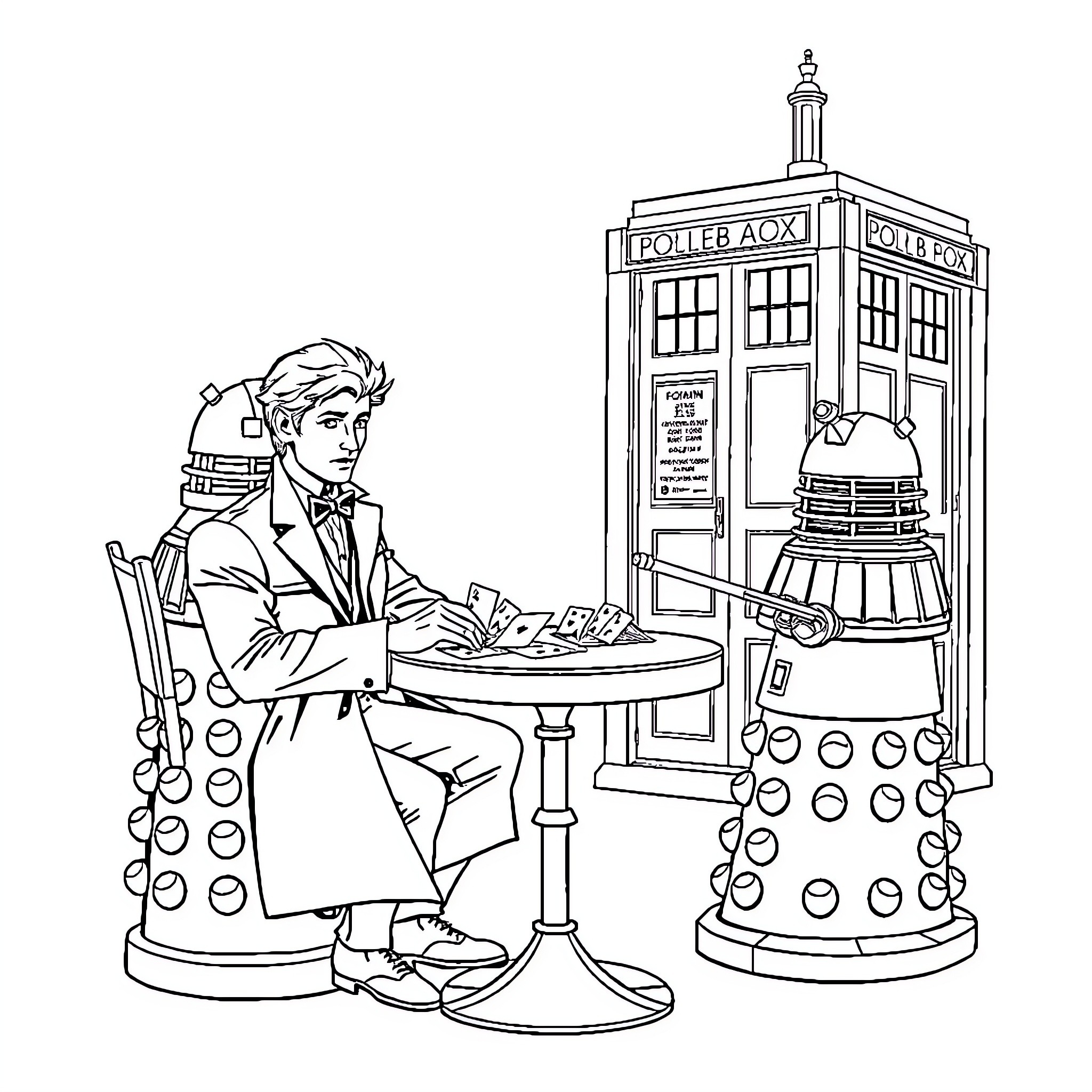 Doctor examining medical equipment in police box Coloring Page (free black-and-white line drawing printable PDF for all, from beginners to advanced learners, including children, teens, adults, and seniors)