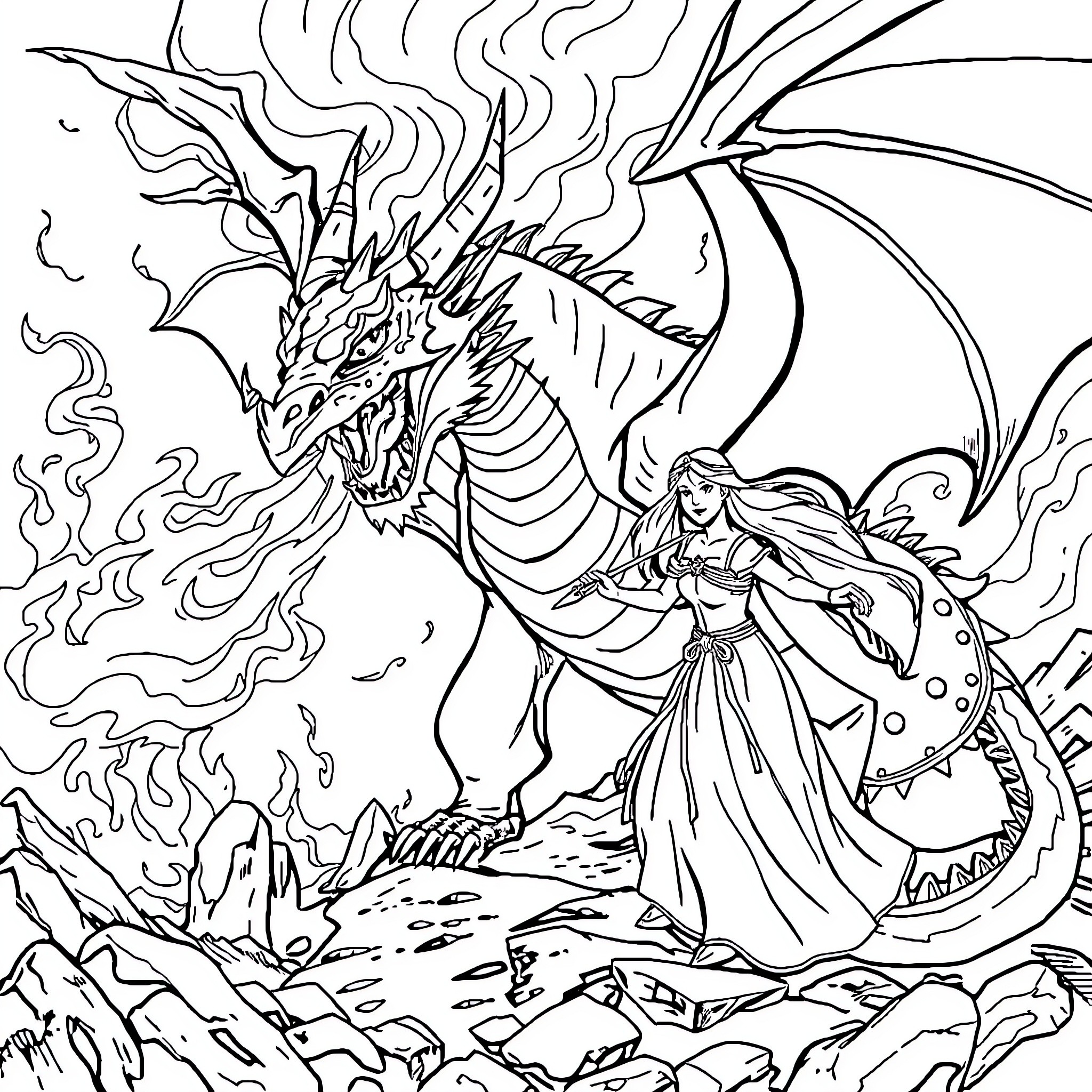 Princess Confronting the Fierce Dragon Coloring Page (free black-and-white line drawing printable PDF for all, from beginners to advanced learners, including children, teens, adults, and seniors)