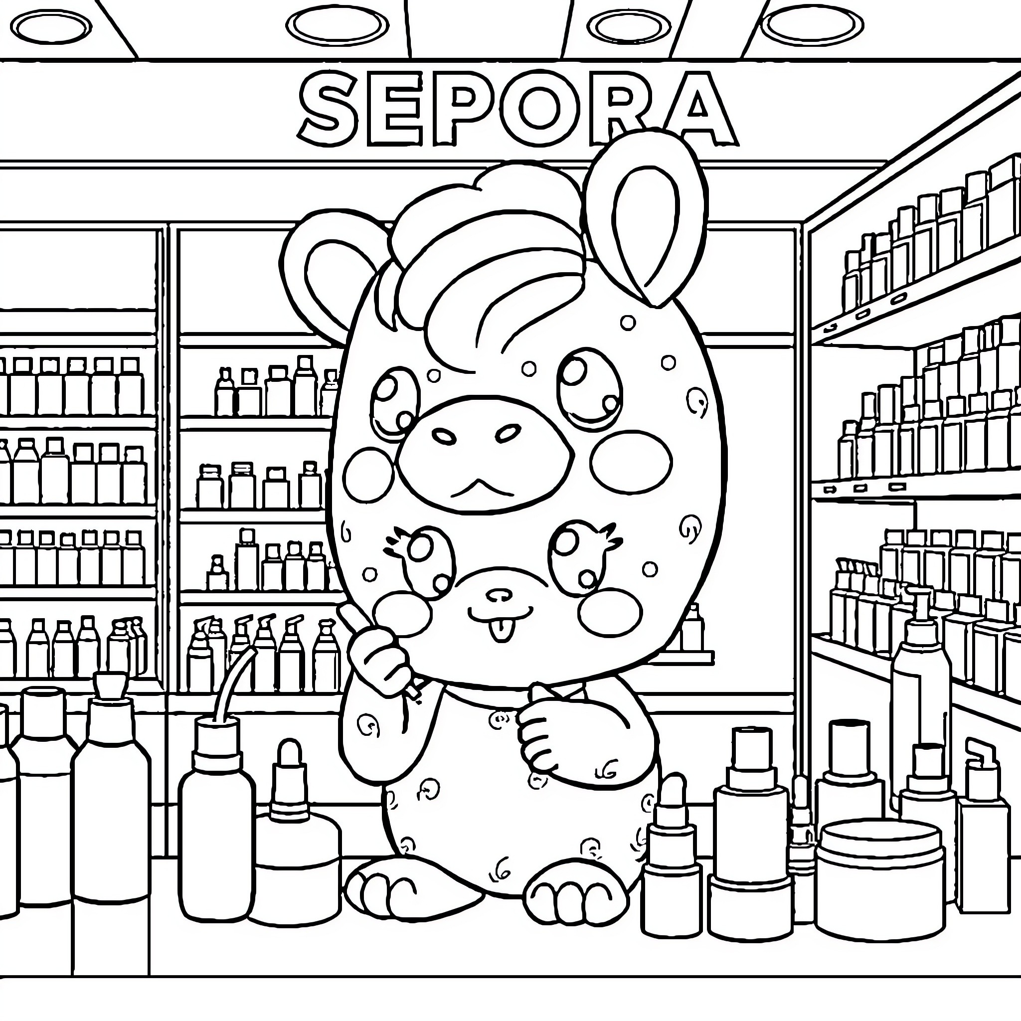 Labubu enjoying a shopping trip at Sepora Coloring Page (free black-and-white line drawing printable PDF for all, from beginners to advanced learners, including children, teens, adults, and seniors)