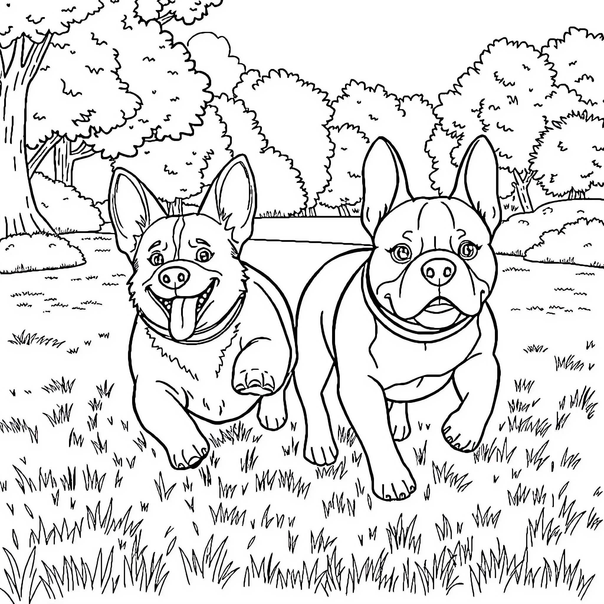 Corgi dogs playing in a forest clearing Coloring Page (free black-and-white line drawing printable PDF for all, from beginners to advanced learners, including children, teens, adults, and seniors)