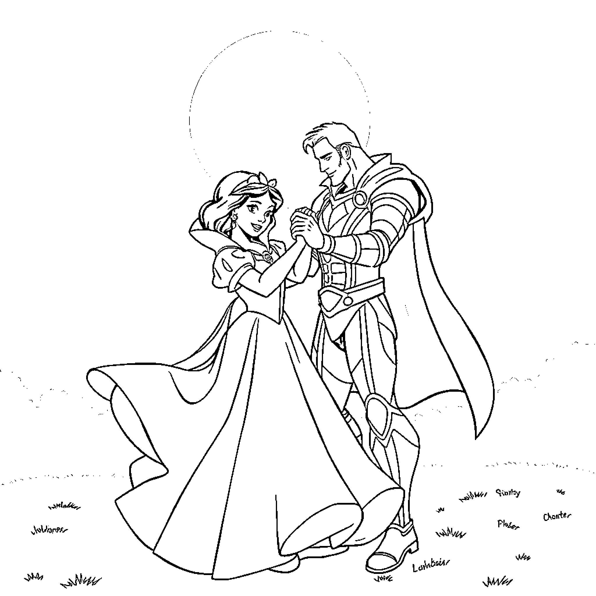 Snow White dancing with her prince Coloring Page (free black-and-white line drawing printable PDF for all, from beginners to advanced learners, including children, teens, adults, and seniors)