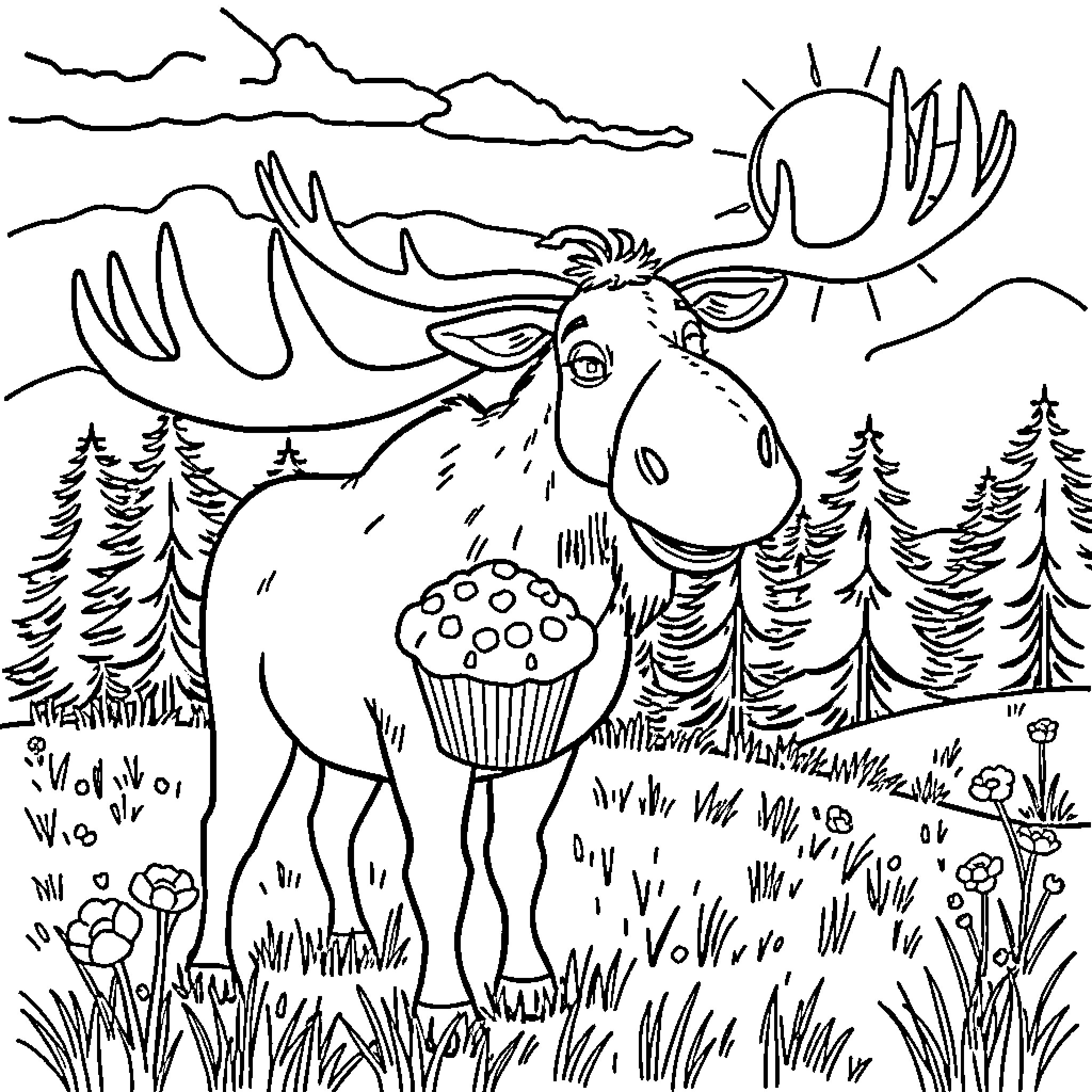 Moose enjoying a cupcake in the forest Coloring Page (free black-and-white line drawing printable PDF for all, from beginners to advanced learners, including children, teens, adults, and seniors)