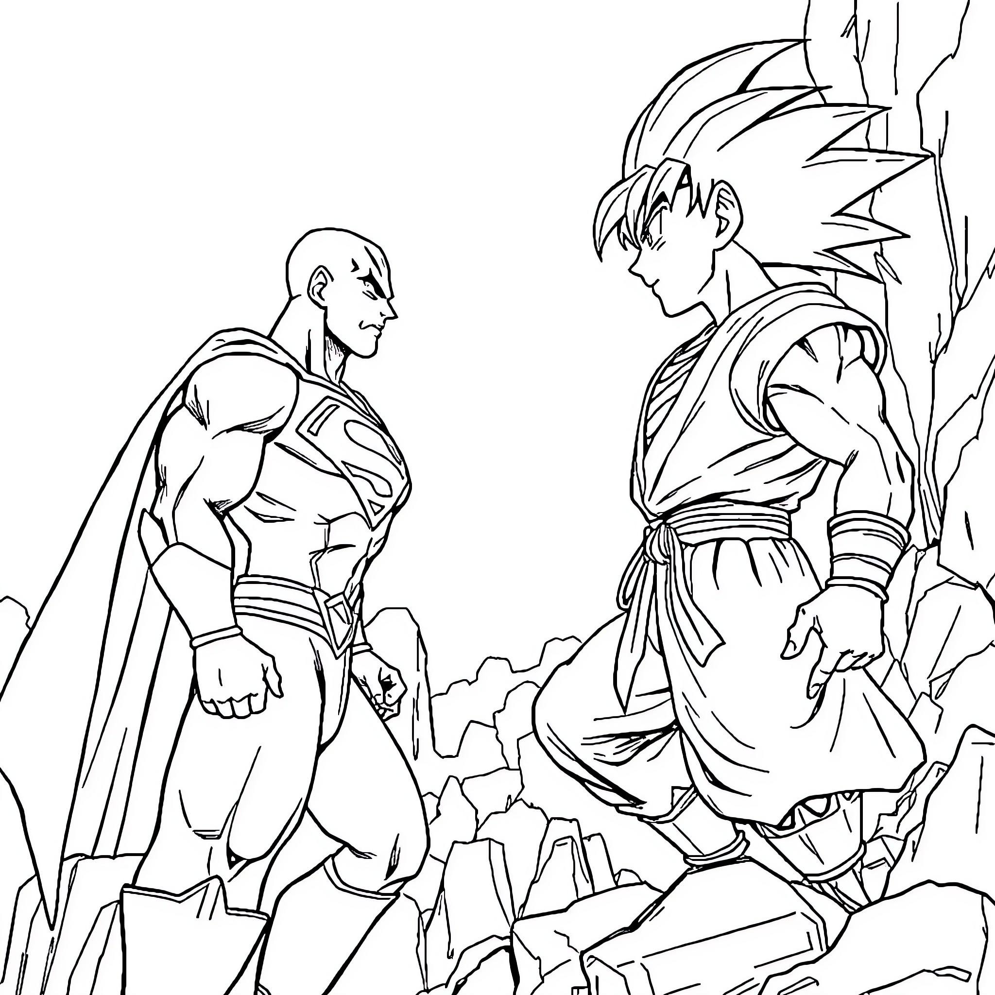 Superman and Goku's epic confrontation Coloring Page (free black-and-white line drawing printable PDF for all, from beginners to advanced learners, including children, teens, adults, and seniors)