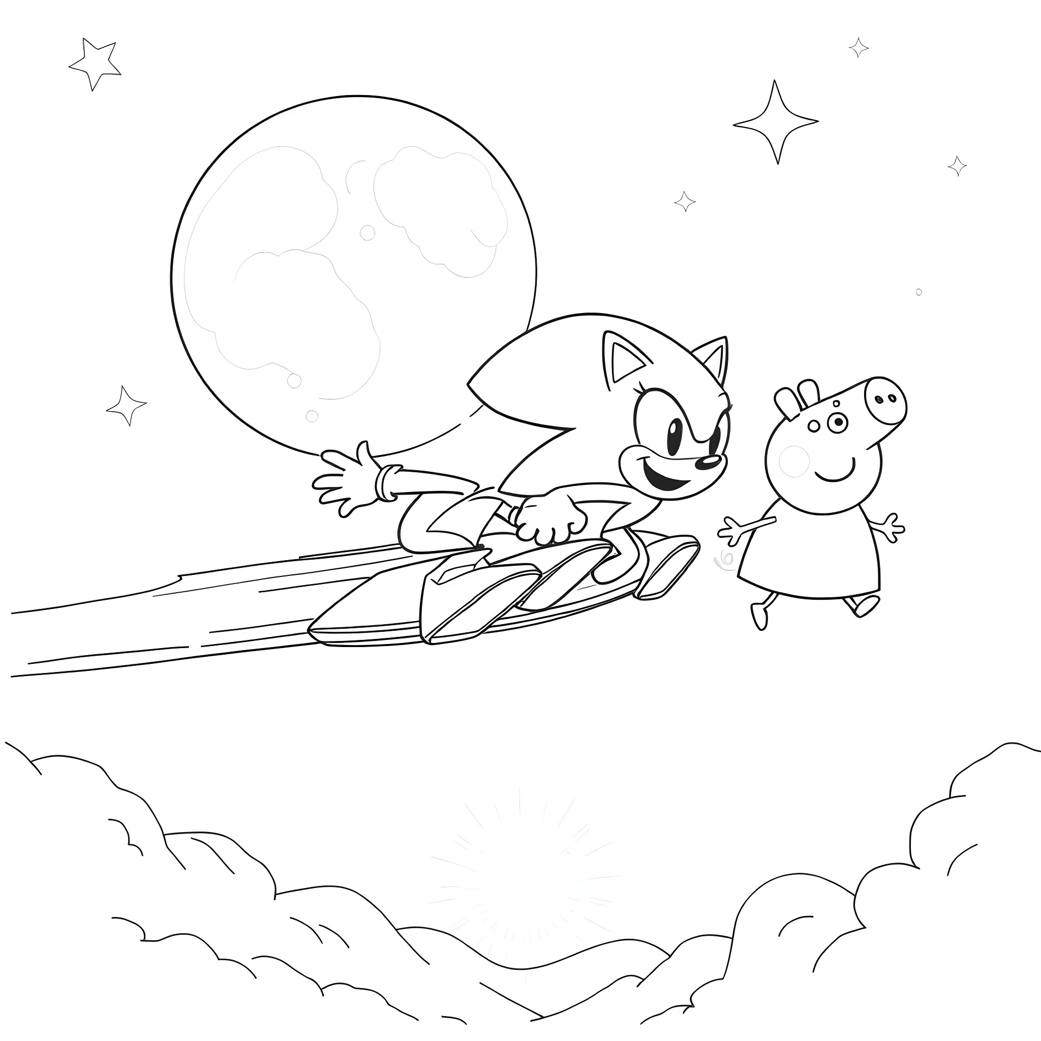 Sonic the Hedgehog speeding with Peppa Pig Coloring Page (free black-and-white line drawing printable PDF for all, from beginners to advanced learners, including children, teens, adults, and seniors)