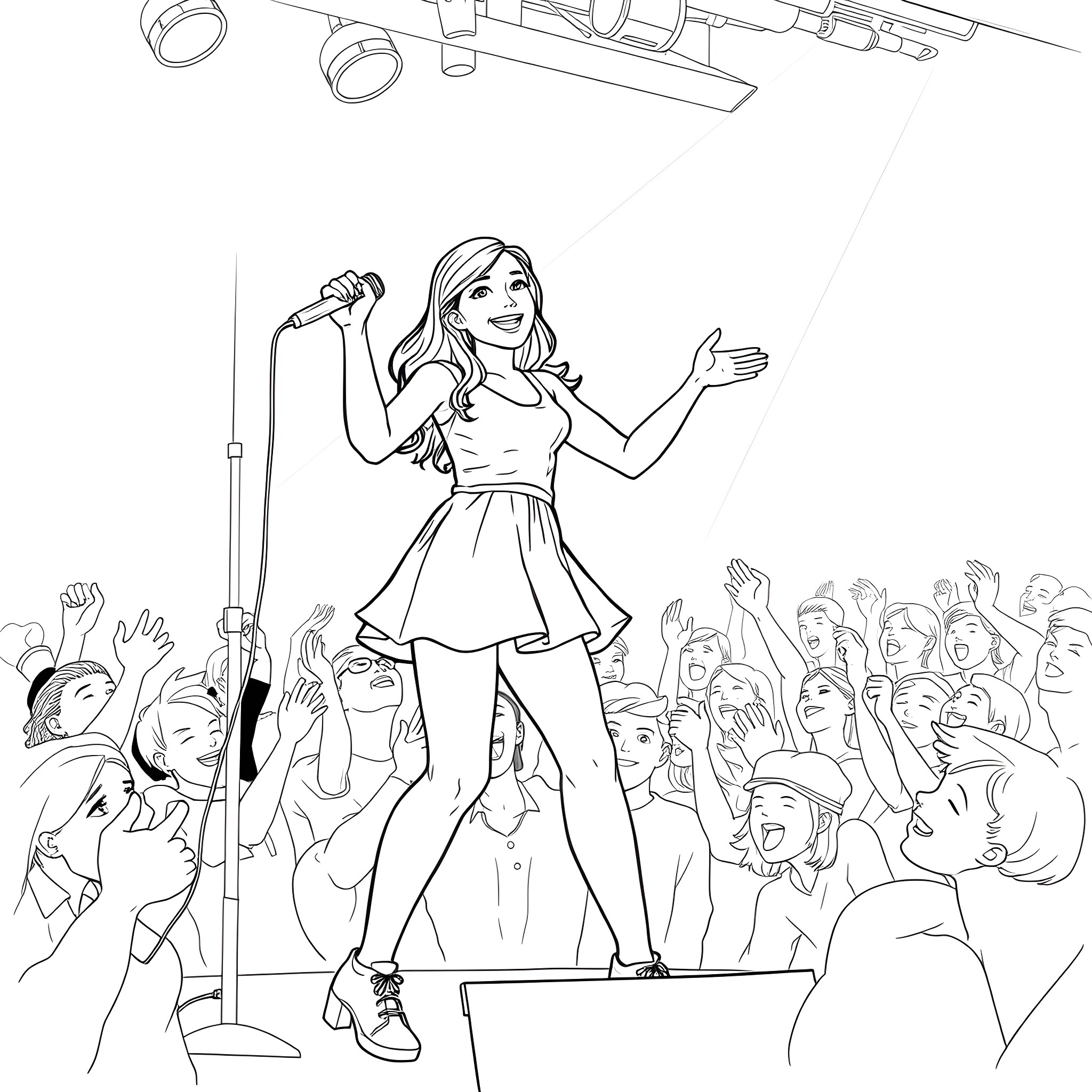 Teen Girl Performing on Stage with Crowd Coloring Page (free black-and-white line drawing printable PDF for all, from beginners to advanced learners, including children, teens, adults, and seniors)