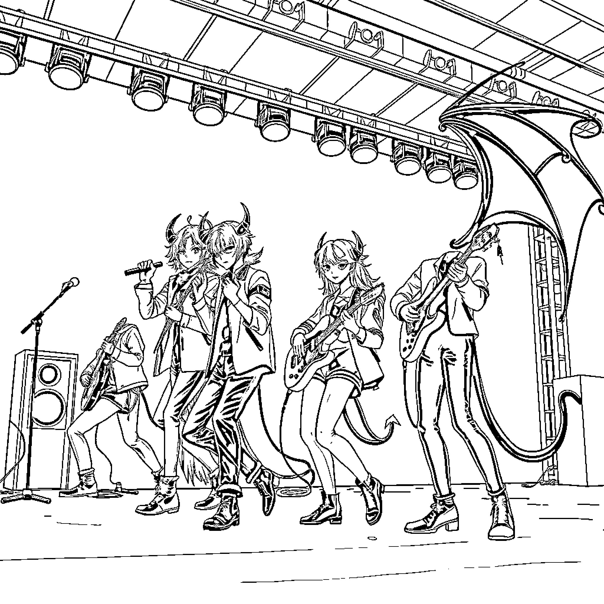 Demon Hunters Rocking the Stage Coloring Page (free black-and-white line drawing printable PDF for all, from beginners to advanced learners, including children, teens, adults, and seniors)
