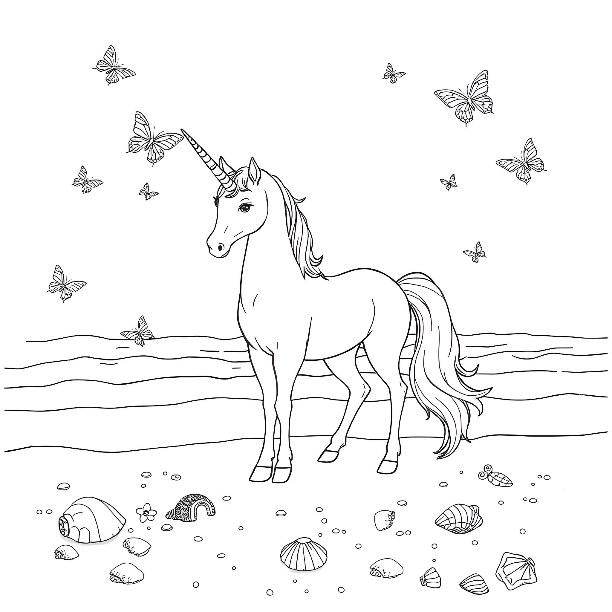 Alicorn frolicking among butterflies in a serene landscape Coloring Page (free black-and-white line drawing printable PDF for all, from beginners to advanced learners, including children, teens, adults, and seniors)