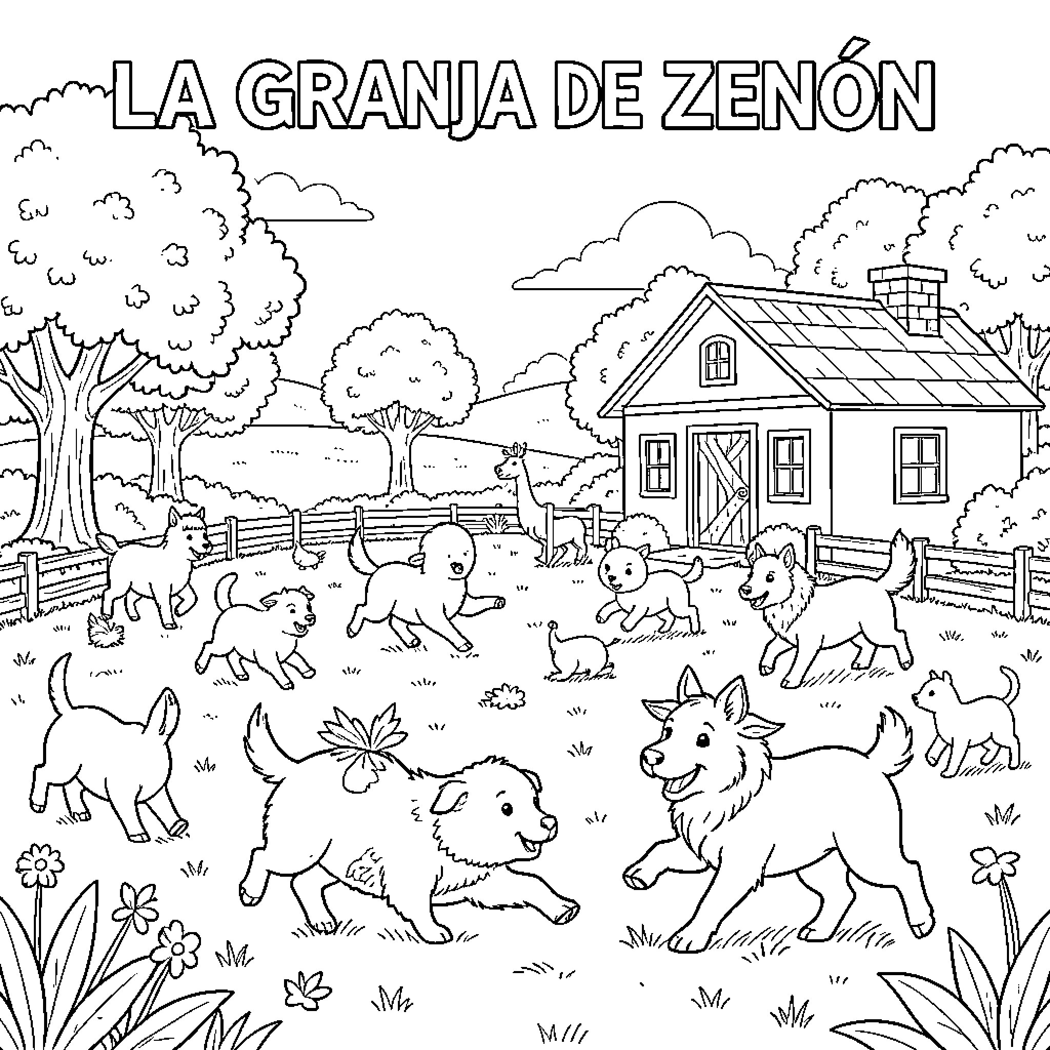 Zenón's Farm Animals and Countryside Coloring Page (free black-and-white line drawing printable PDF for all, from beginners to advanced learners, including children, teens, adults, and seniors)