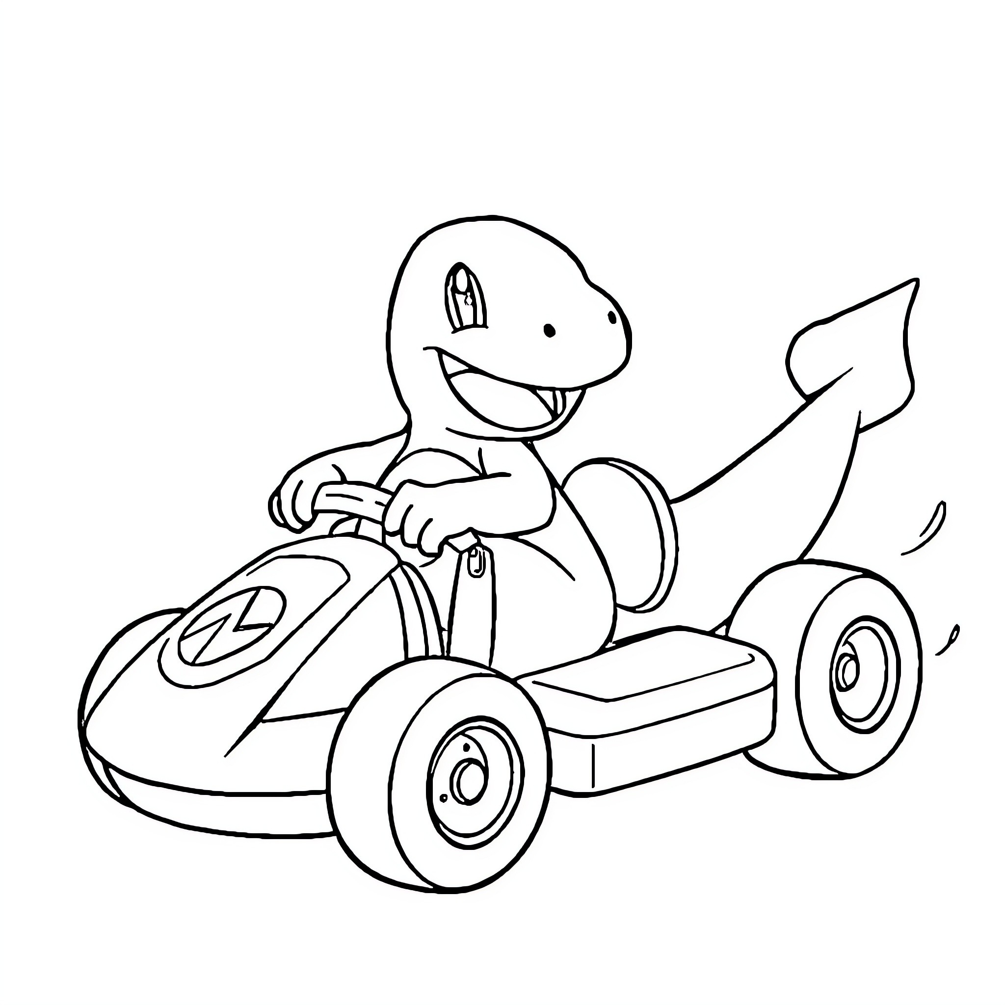 Charmander riding a kart with excitement Coloring Page (free black-and-white line drawing printable PDF for all, from beginners to advanced learners, including children, teens, adults, and seniors)