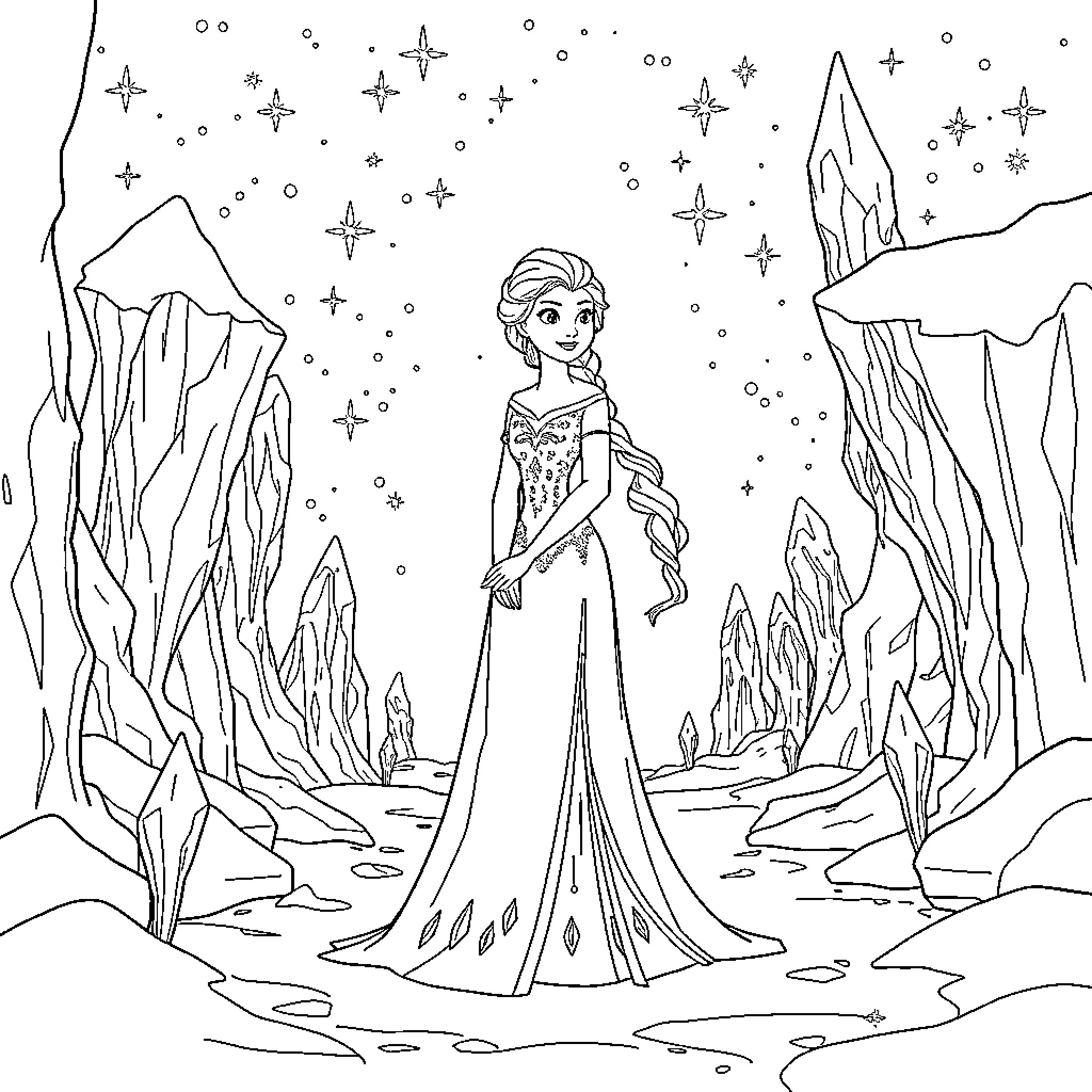 Princess in a Magical Winter Wonderland Coloring Page (free black-and-white line drawing printable PDF for all, from beginners to advanced learners, including children, teens, adults, and seniors)