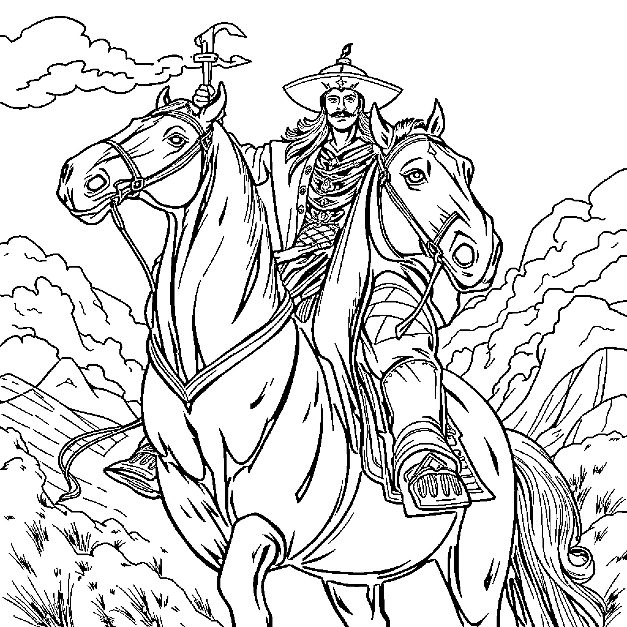 Charro Negro on Horseback in a Rugged Landscape Coloring Page (free black-and-white line drawing printable PDF for all, from beginners to advanced learners, including children, teens, adults, and seniors)