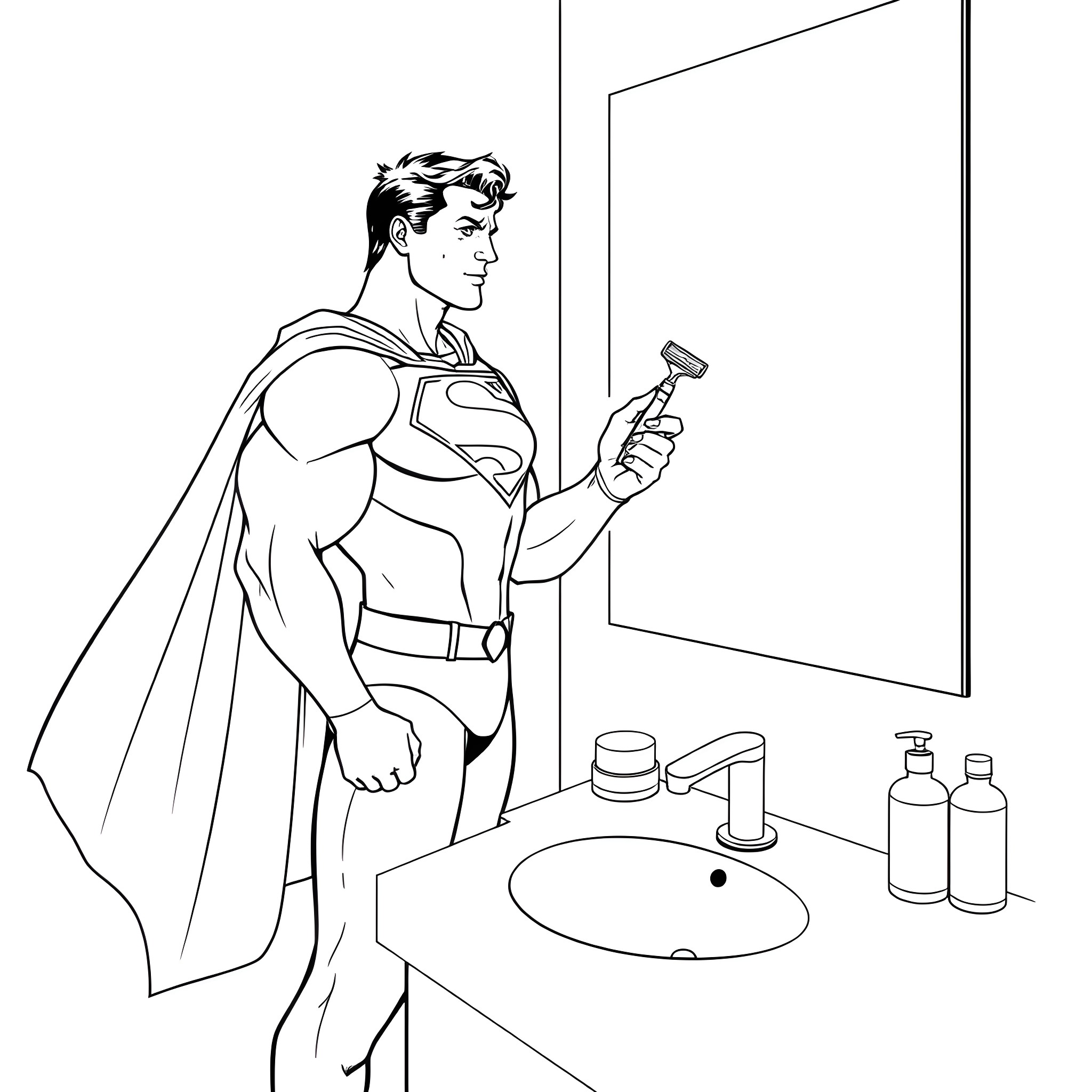 Superman preparing for action in the bathroom Coloring Page (free black-and-white line drawing printable PDF for all, from beginners to advanced learners, including children, teens, adults, and seniors)