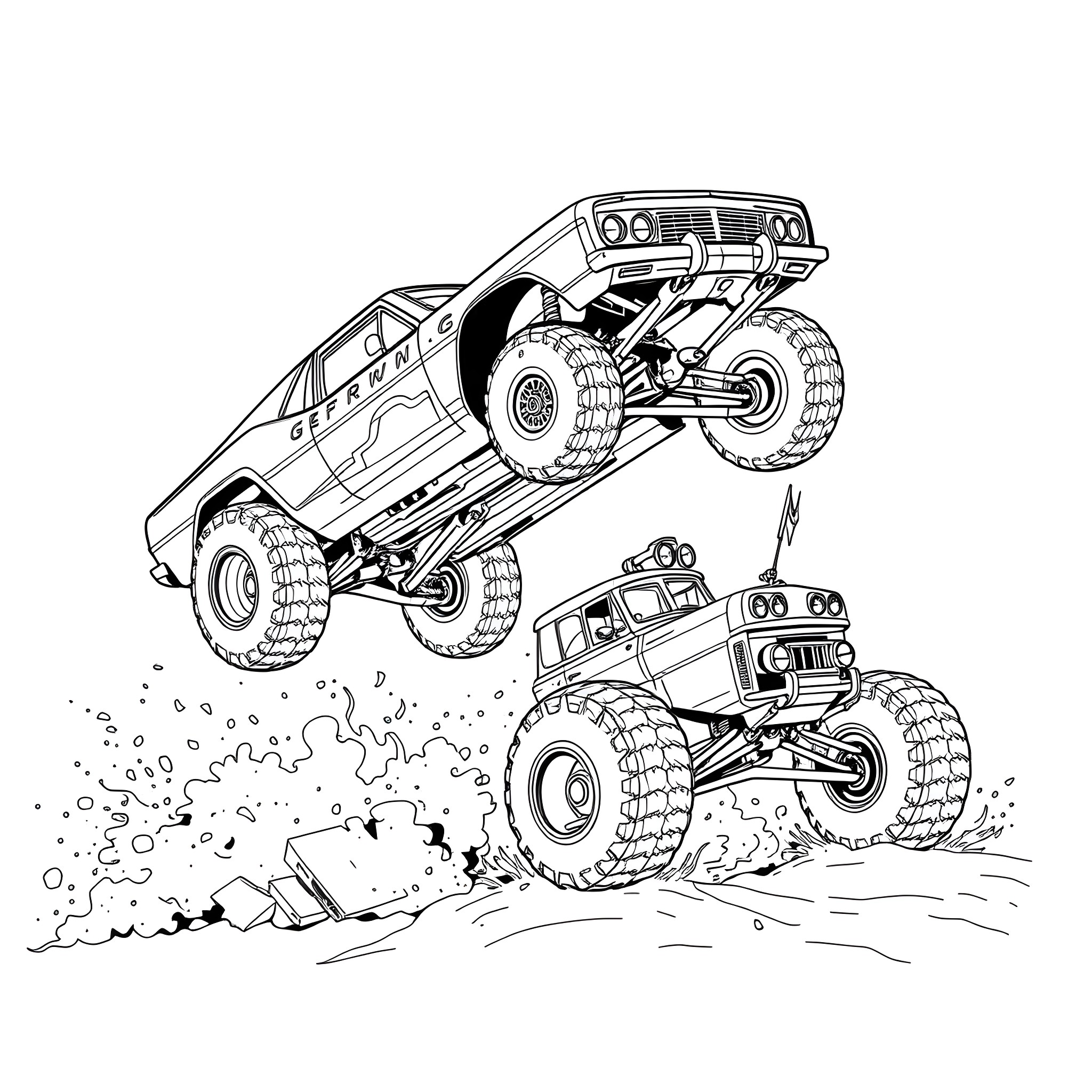 Arrma Vortex Monster Trucks Performing Stunts Coloring Page (free black-and-white line drawing printable PDF for all, from beginners to advanced learners, including children, teens, adults, and seniors)