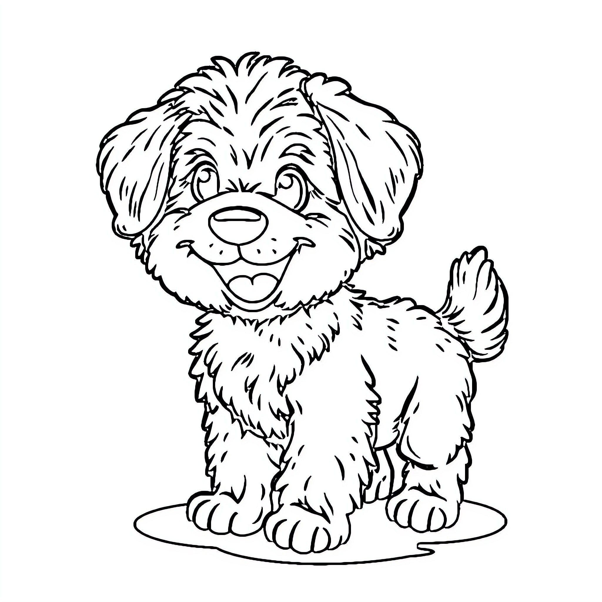 Poodle sitting happily and wagging its tail Coloring Page (free black-and-white line drawing printable PDF for all, from beginners to advanced learners, including children, teens, adults, and seniors)