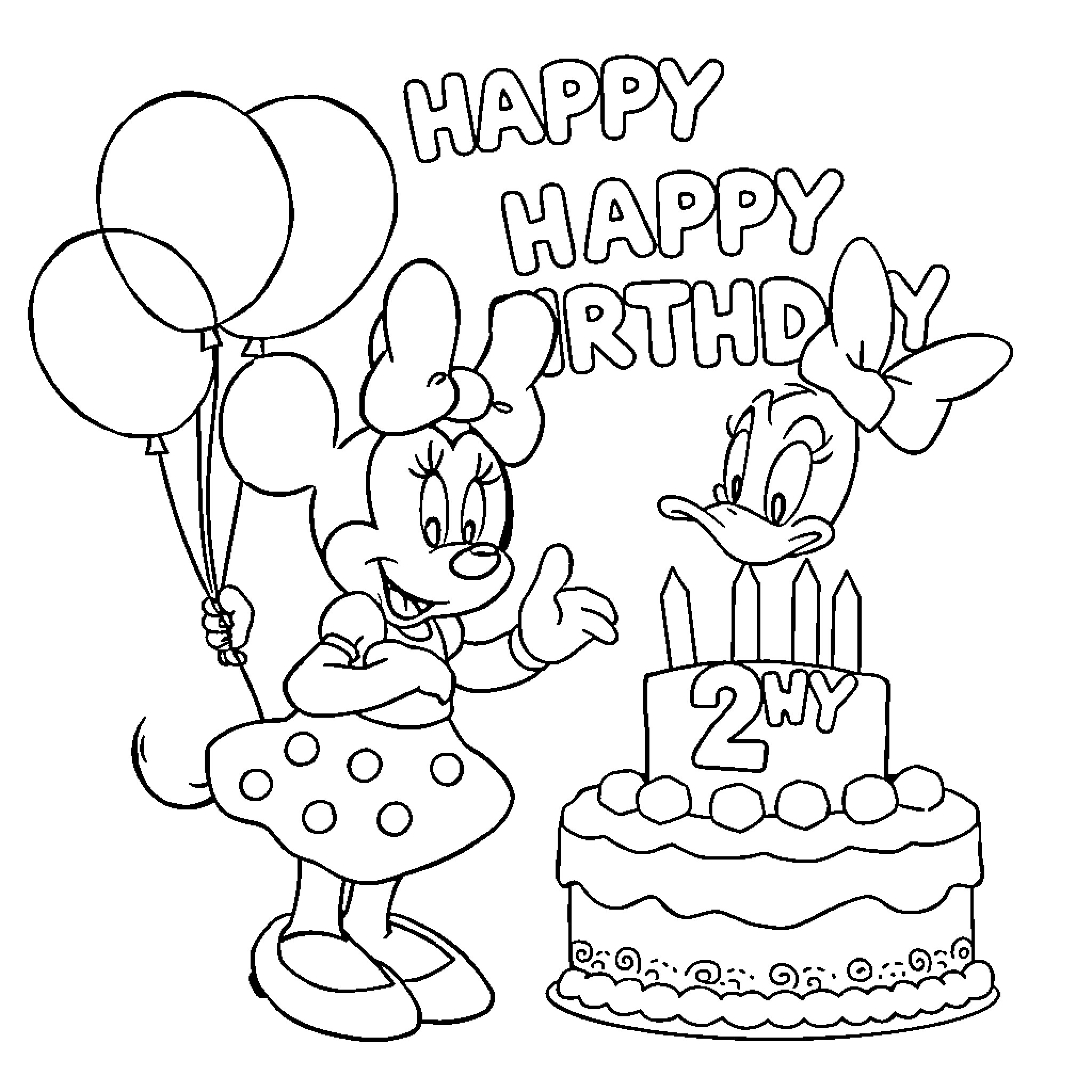 Minnie Mouse celebrating her 2nd birthday party with balloons Coloring Page (free black-and-white line drawing printable PDF for all, from beginners to advanced learners, including children, teens, adults, and seniors)
