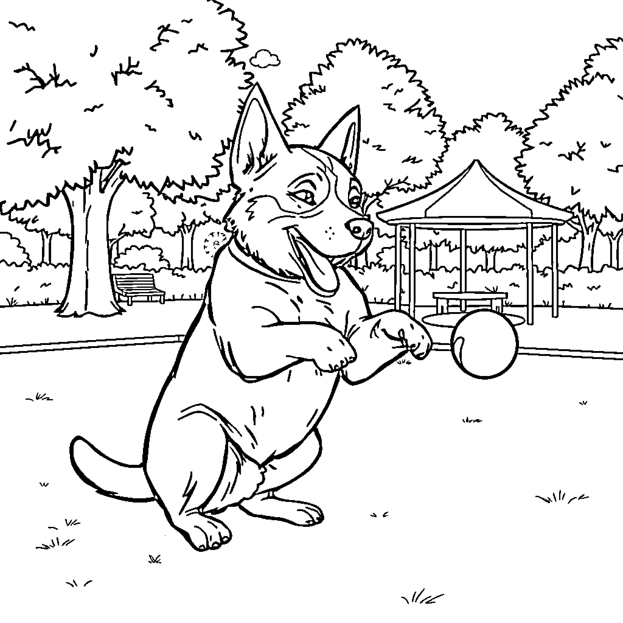 Dog playing happily in the park Coloring Page (free black-and-white line drawing printable PDF for all, from beginners to advanced learners, including children, teens, adults, and seniors)