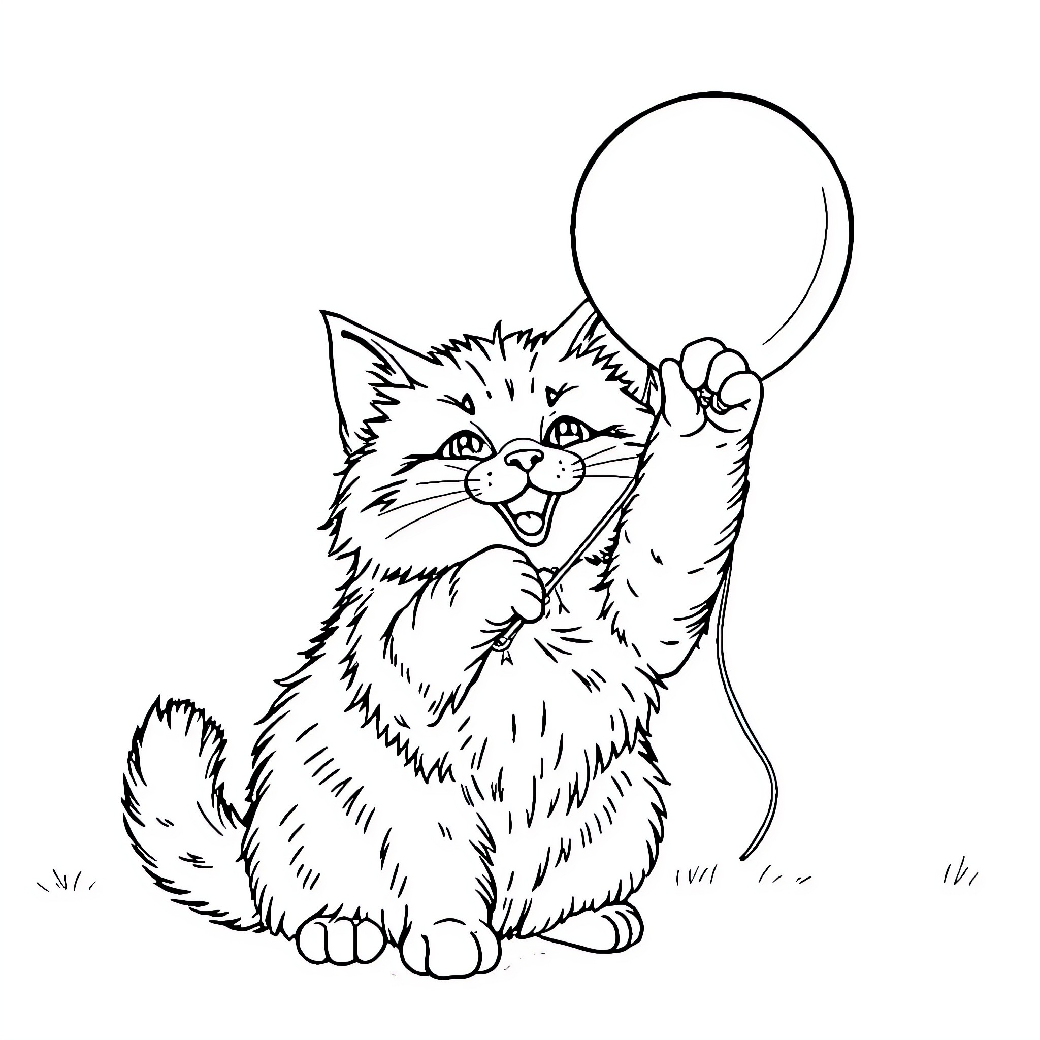 Cat playing with a ball Coloring Page (free black-and-white line drawing printable PDF for all, from beginners to advanced learners, including children, teens, adults, and seniors)