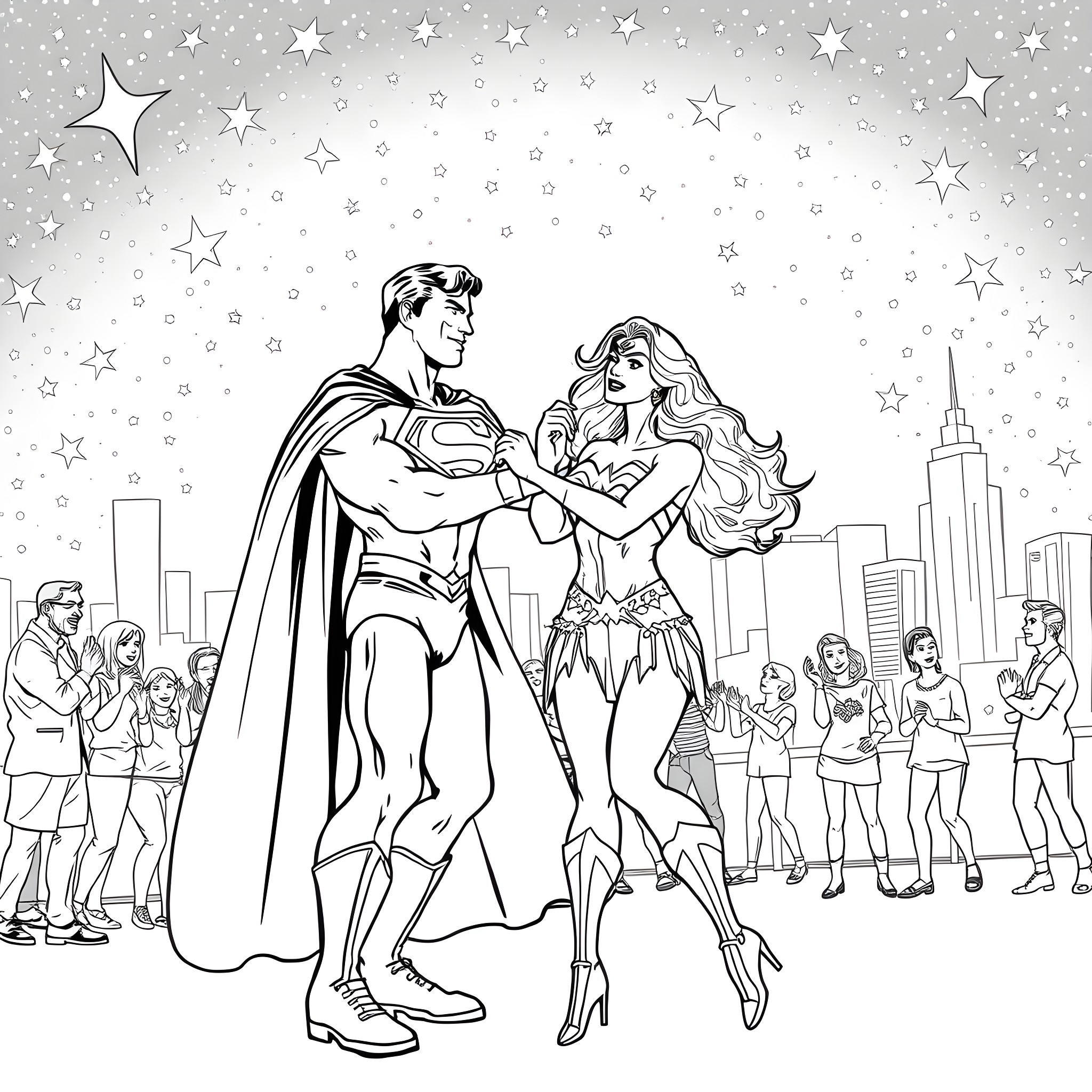 Superman and Superwoman in Heroic Pose Coloring Page (free black-and-white line drawing printable PDF for all, from beginners to advanced learners, including children, teens, adults, and seniors)