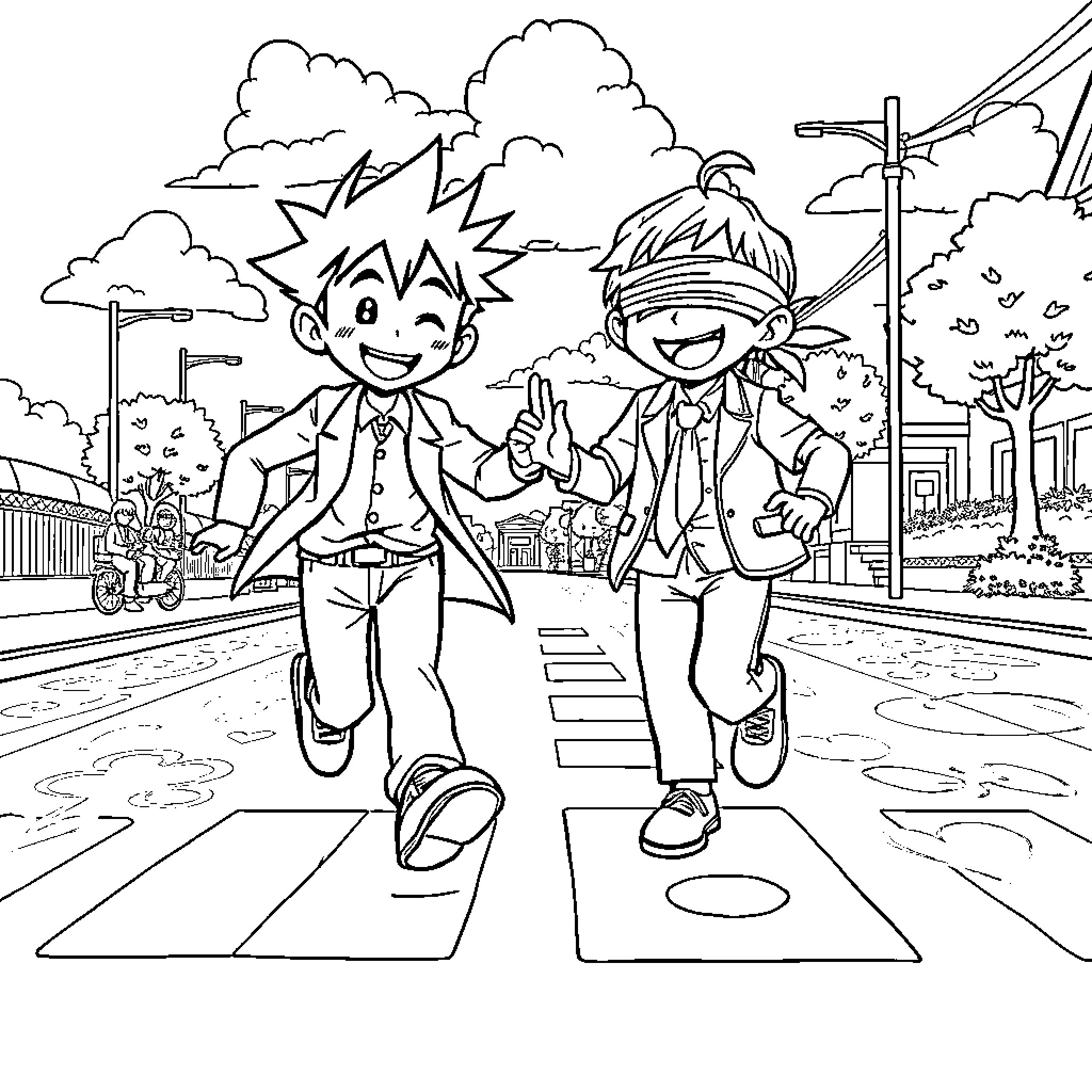 Ryomen Sukuna - Two Schoolboys Walking in the City Coloring Page (free black-and-white line drawing printable PDF for all, from beginners to advanced learners, including children, teens, adults, and seniors)