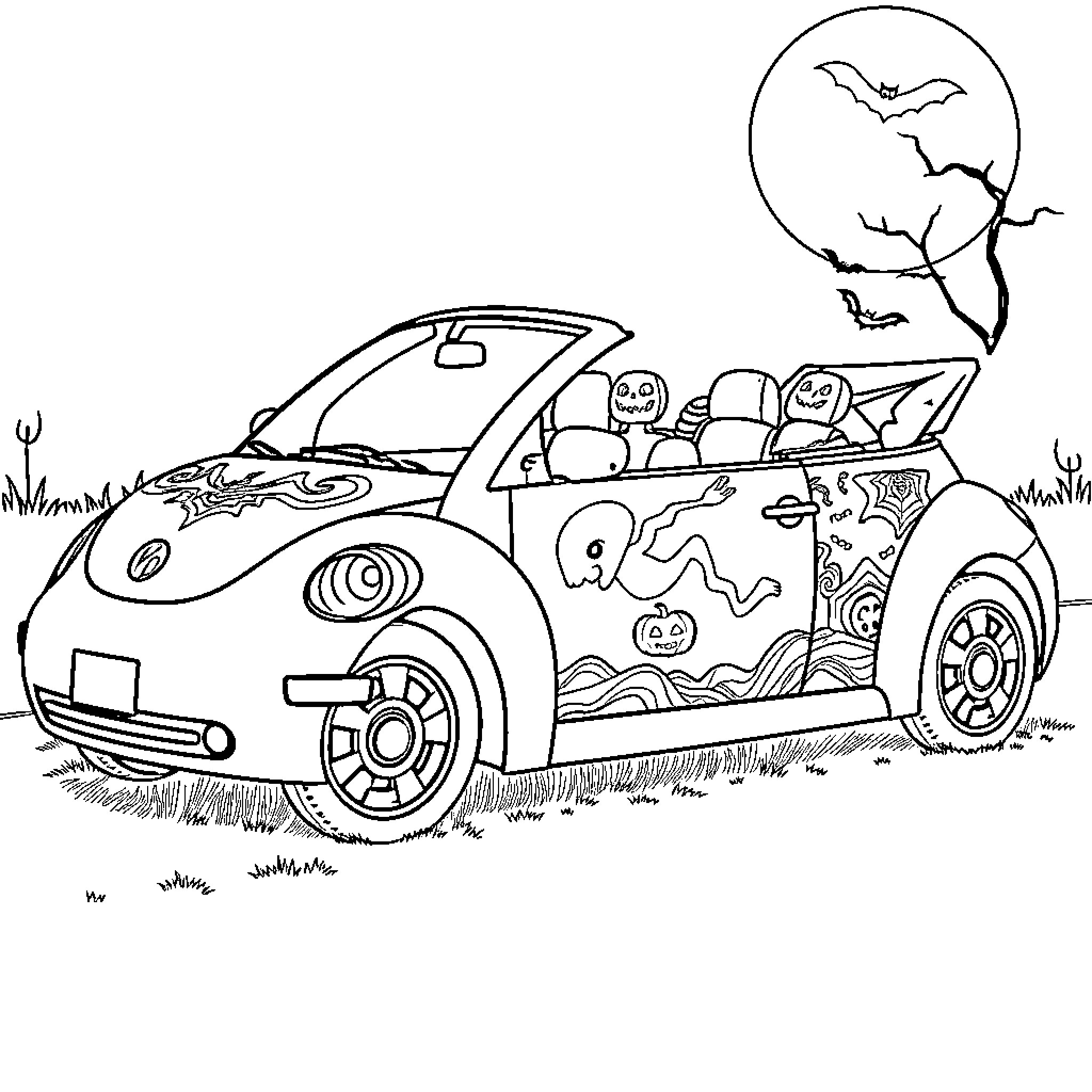Beetle-shaped car with Halloween-themed decorations Coloring Page (free black-and-white line drawing printable PDF for all, from beginners to advanced learners, including children, teens, adults, and seniors)