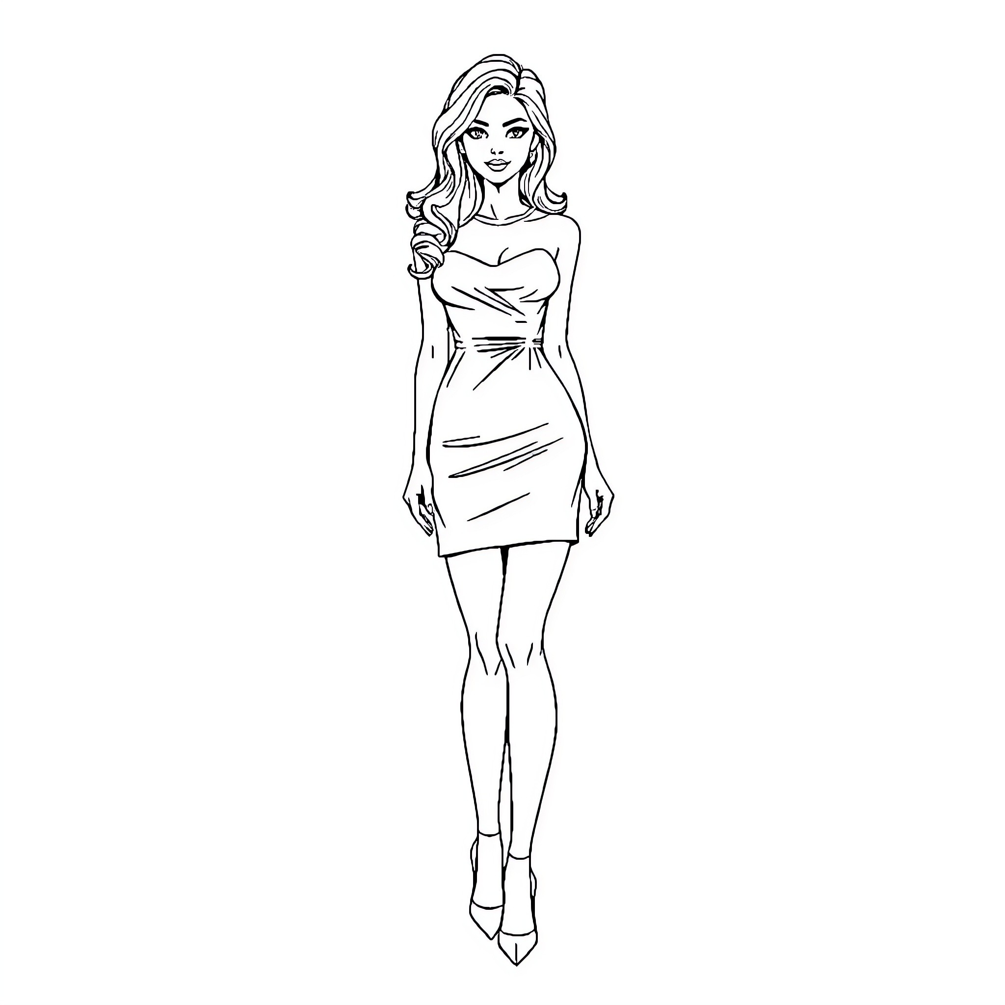 Woman in stylish dress posing confidently Coloring Page (free black-and-white line drawing printable PDF for all, from beginners to advanced learners, including children, teens, adults, and seniors)