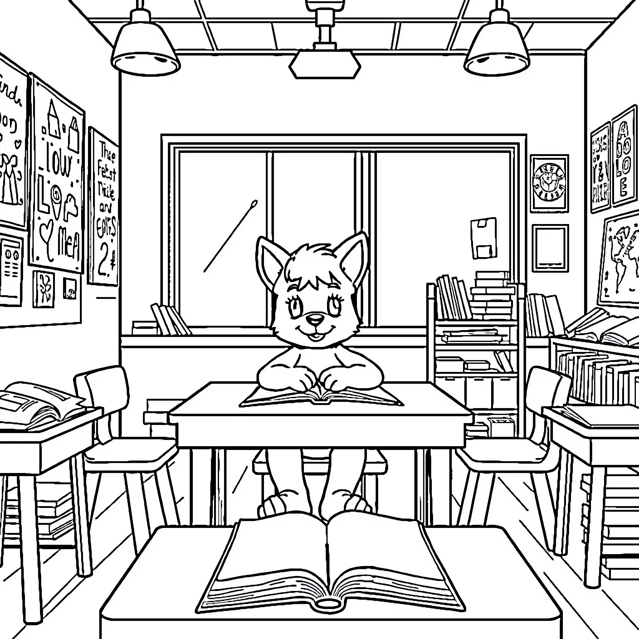 Lilo studying diligently in the library Coloring Page (free black-and-white line drawing printable PDF for all, from beginners to advanced learners, including children, teens, adults, and seniors)