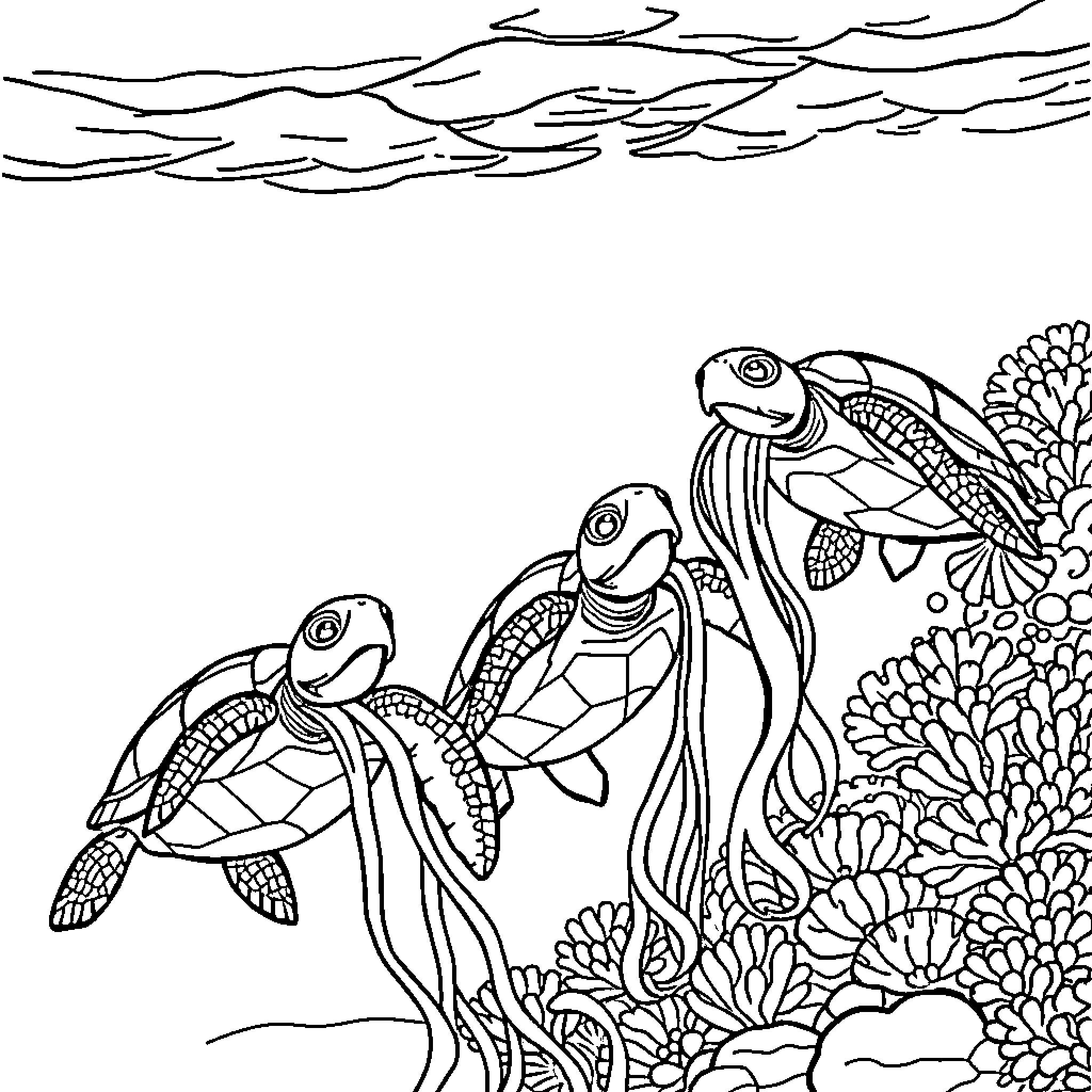 Turtle swimming with marine life in the sea Coloring Page (free black-and-white line drawing printable PDF for all, from beginners to advanced learners, including children, teens, adults, and seniors)