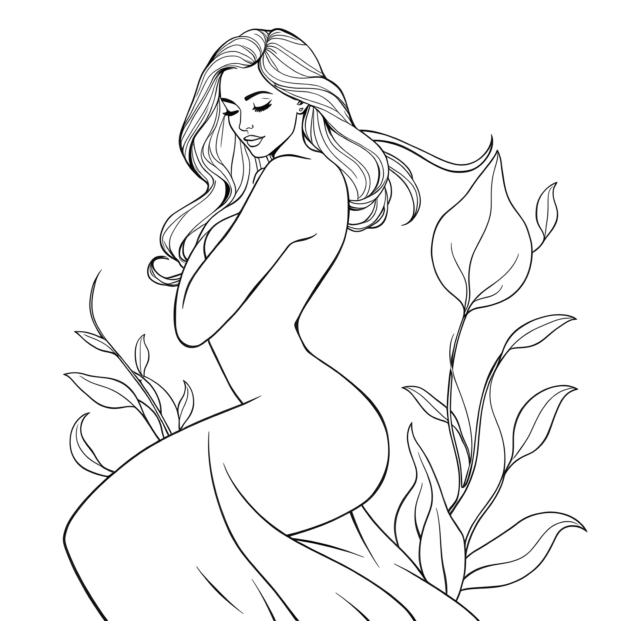Woman with flowing hair embracing nature Coloring Page (free black-and-white line drawing printable PDF for all, from beginners to advanced learners, including children, teens, adults, and seniors)