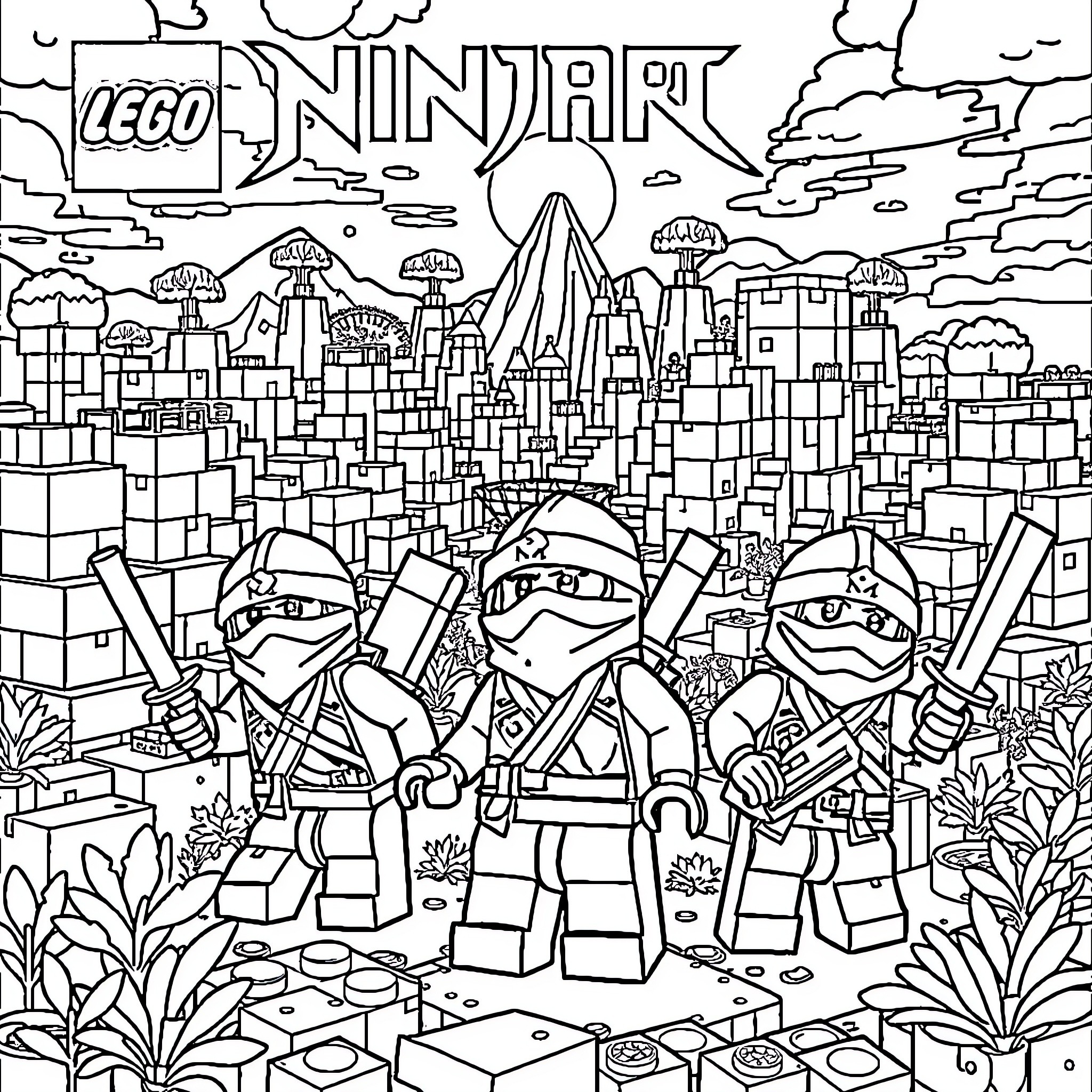 Lego Ninjago heroes in action-packed ninja scene Coloring Page (free black-and-white line drawing printable PDF for all, from beginners to advanced learners, including children, teens, adults, and seniors)