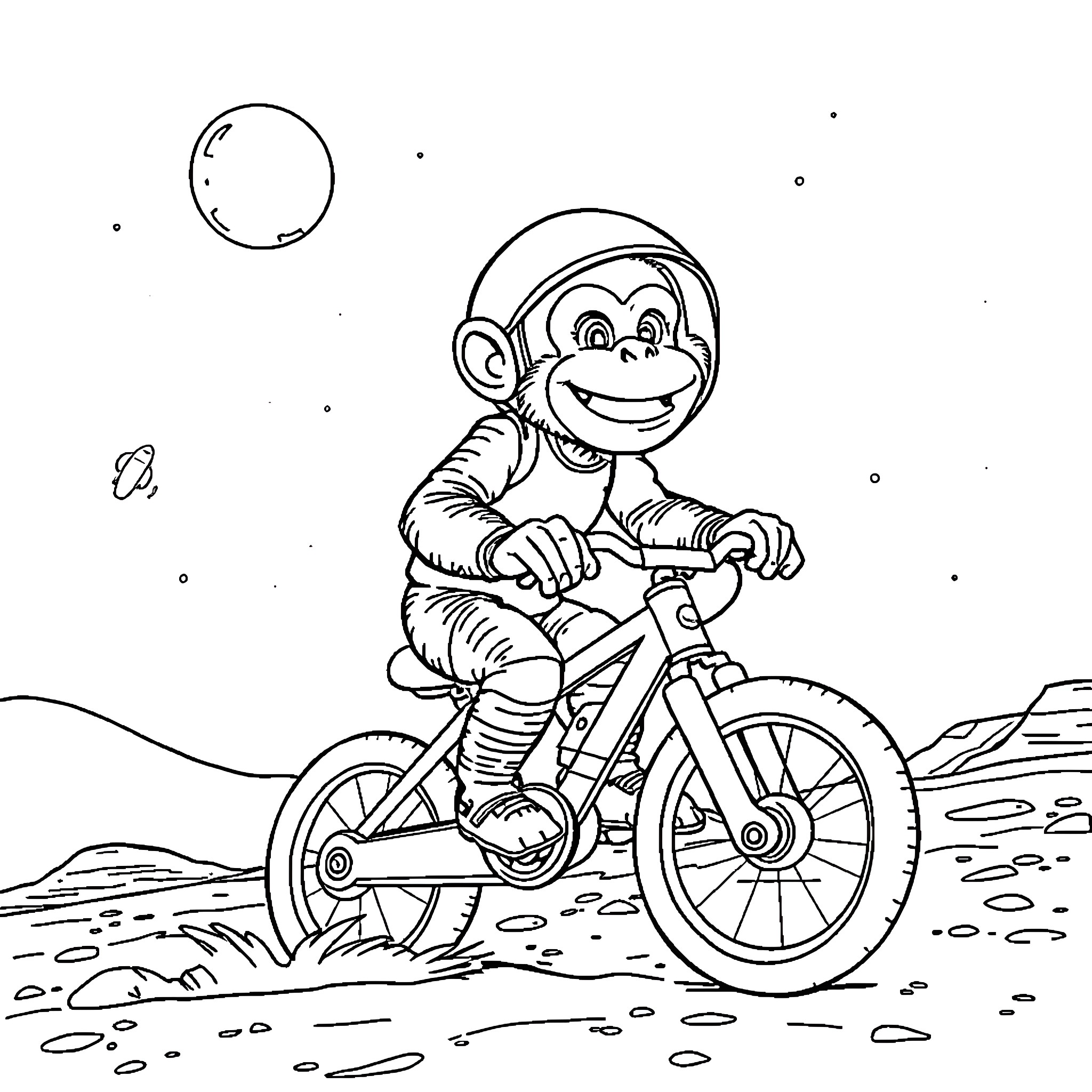 Monkey riding a bicycle on the moon Coloring Page (free black-and-white line drawing printable PDF for all, from beginners to advanced learners, including children, teens, adults, and seniors)