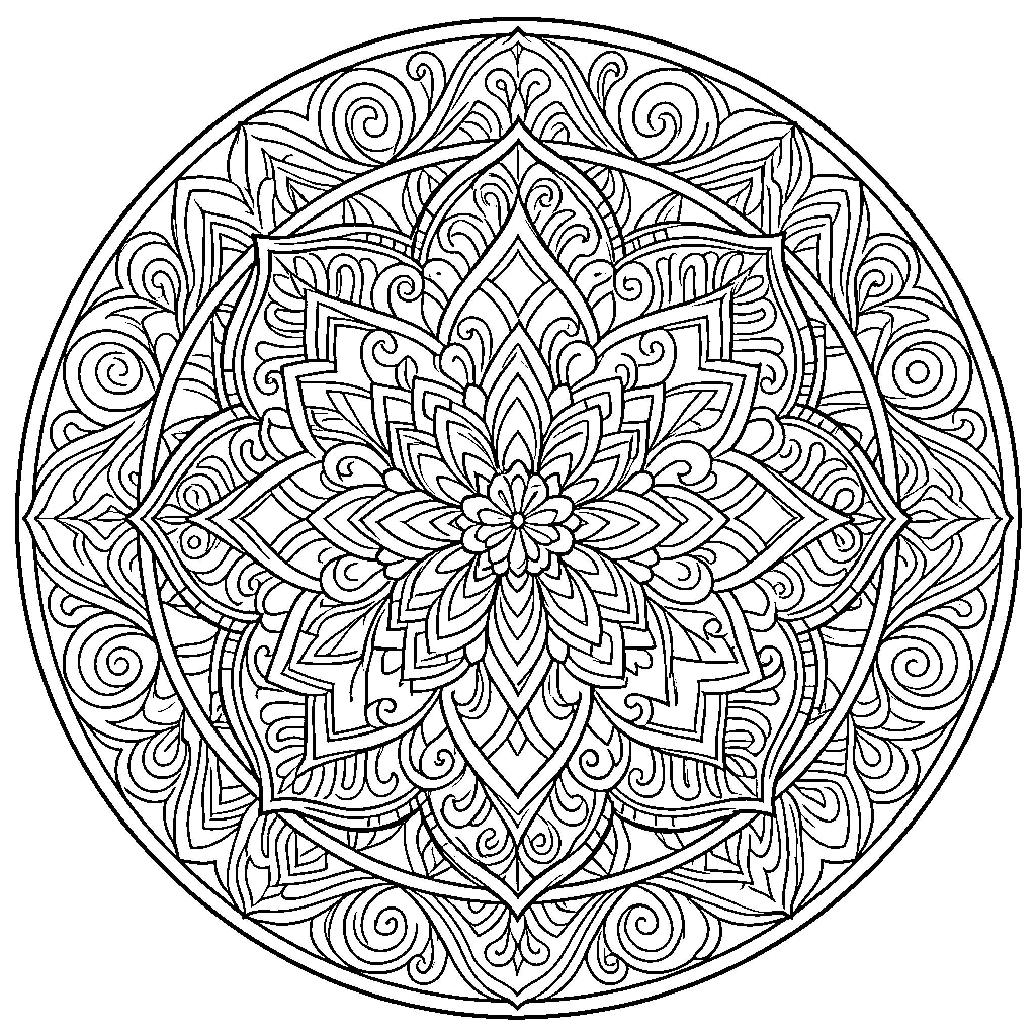 Mandala with intricate floral design Coloring Page (free black-and-white line drawing printable PDF for all, from beginners to advanced learners, including children, teens, adults, and seniors)