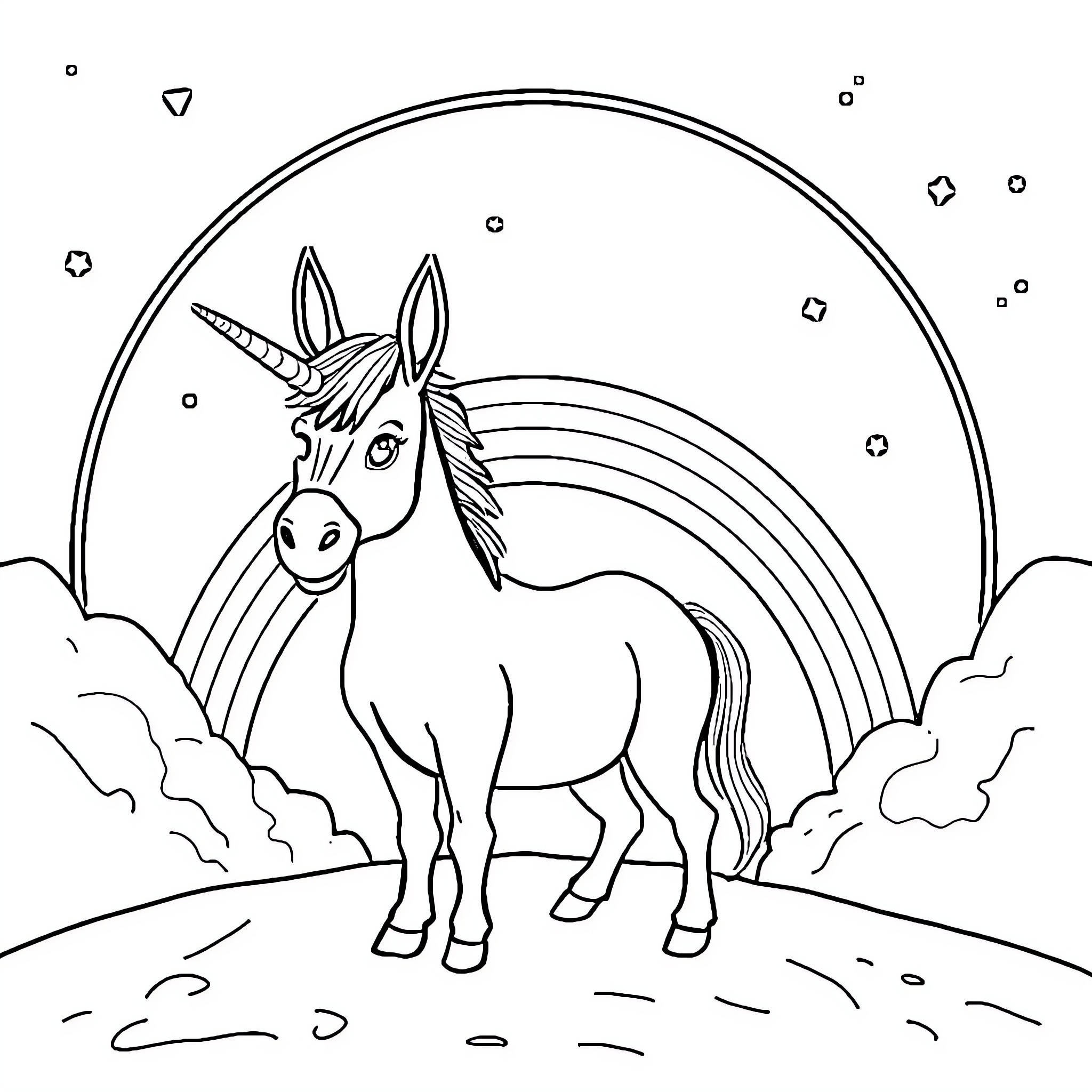 Donkey standing in front of a rainbow Coloring Page (free black-and-white line drawing printable PDF for all, from beginners to advanced learners, including children, teens, adults, and seniors)