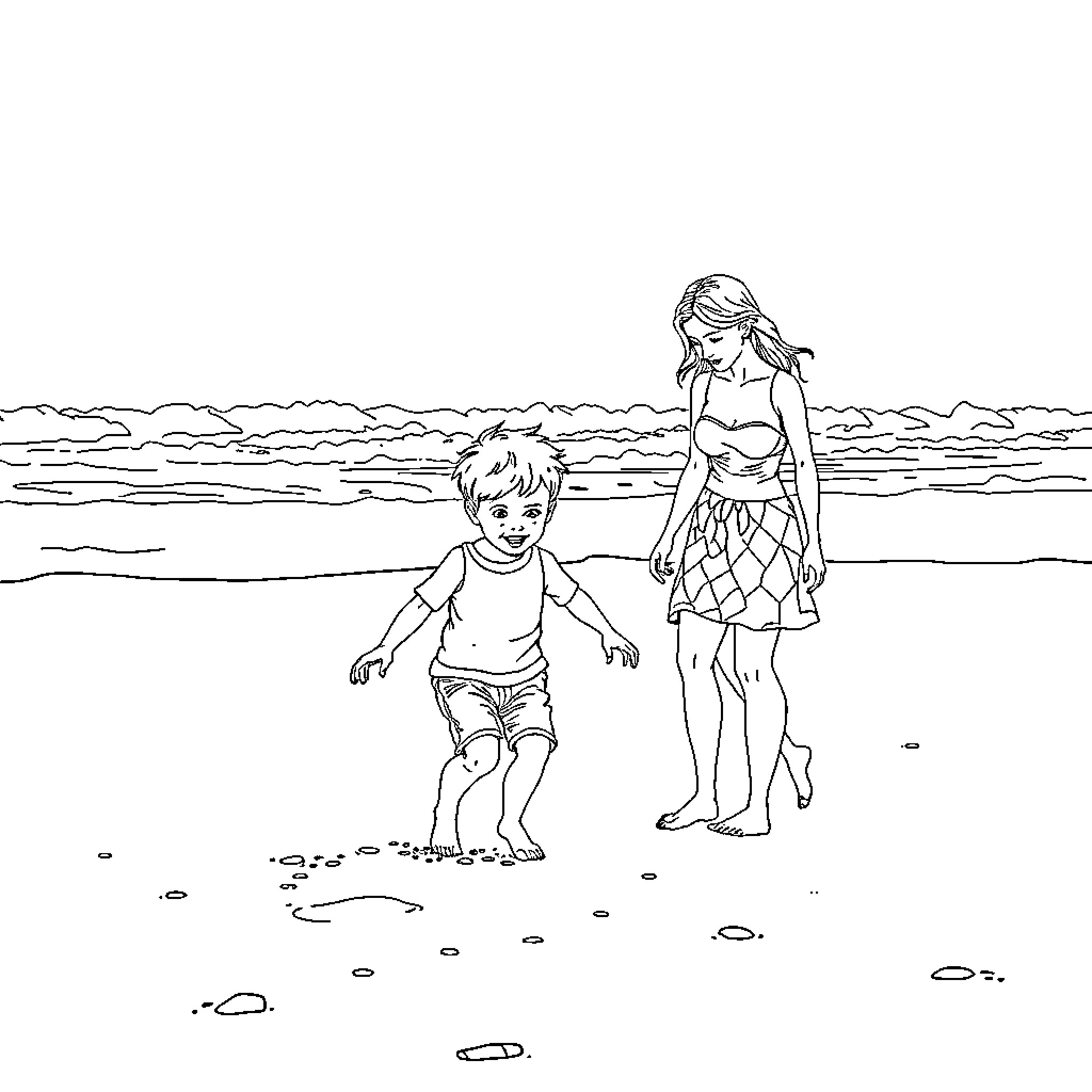 Enfant playing with parent on the beach Coloring Page (free black-and-white line drawing printable PDF for all, from beginners to advanced learners, including children, teens, adults, and seniors)