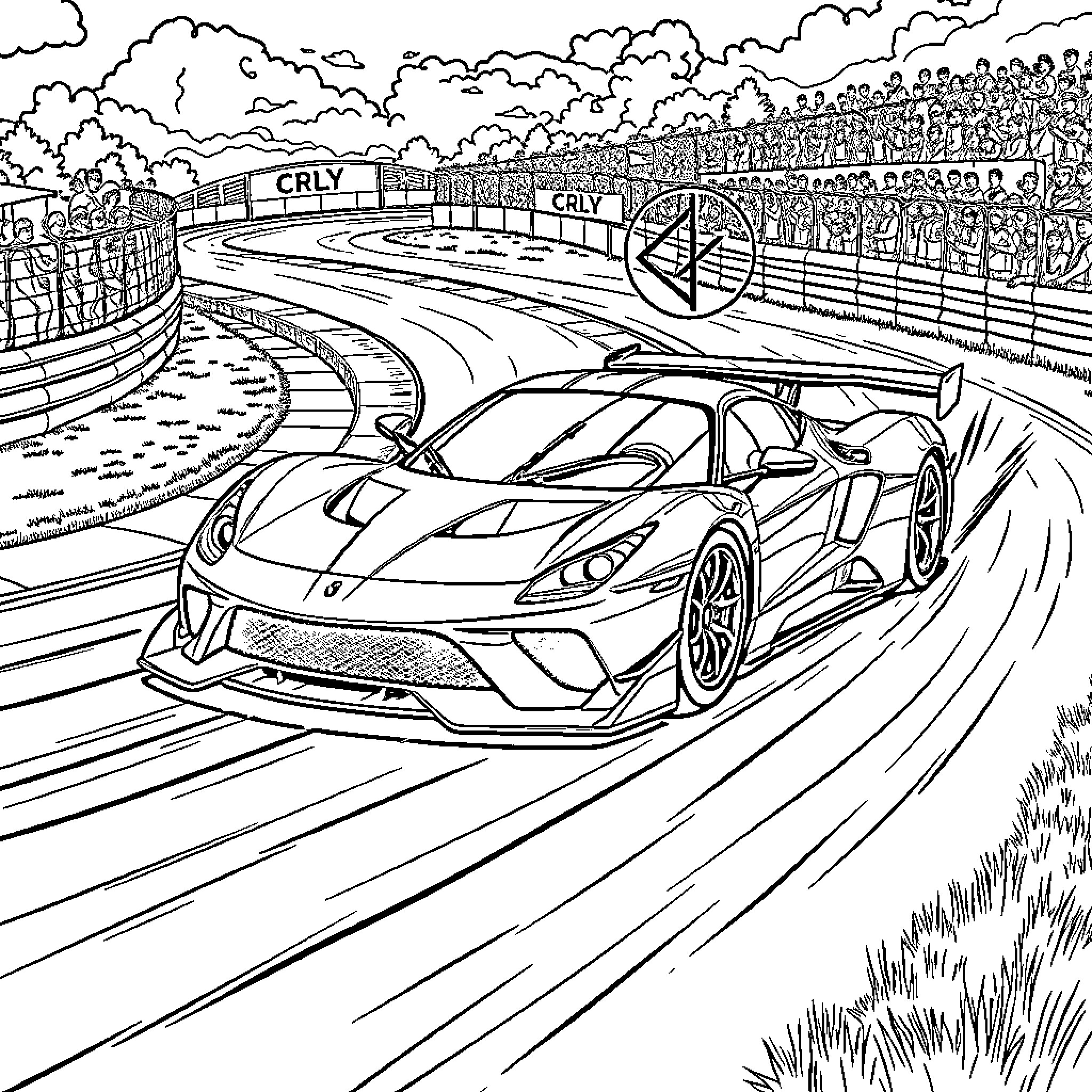 Sports Car Racing on Track with Spectators Coloring Page (free black-and-white line drawing printable PDF for all, from beginners to advanced learners, including children, teens, adults, and seniors)