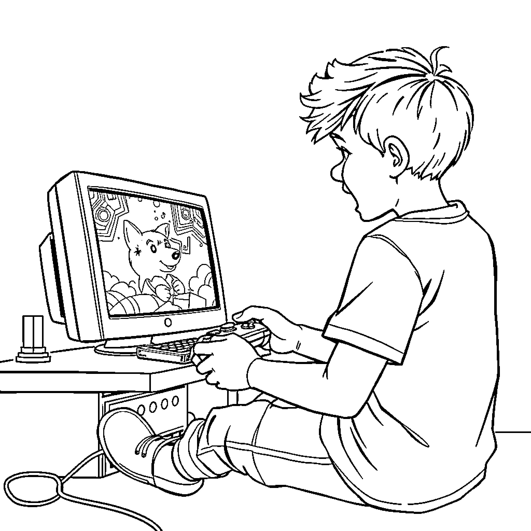 Boy playing video game at computer Coloring Page (free black-and-white line drawing printable PDF for all, from beginners to advanced learners, including children, teens, adults, and seniors)