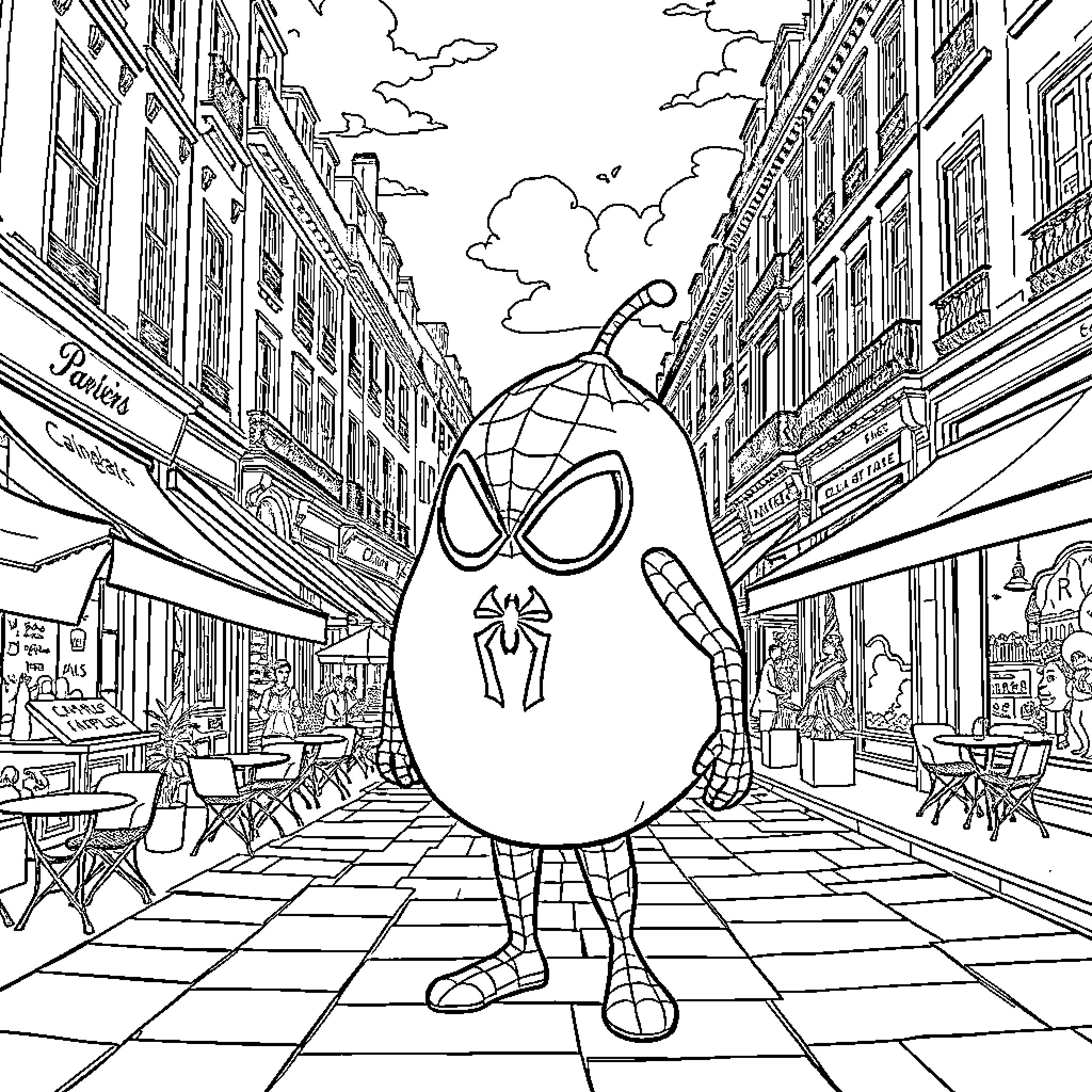 Spiderman-inspired character exploring city streets Coloring Page (free black-and-white line drawing printable PDF for all, from beginners to advanced learners, including children, teens, adults, and seniors)
