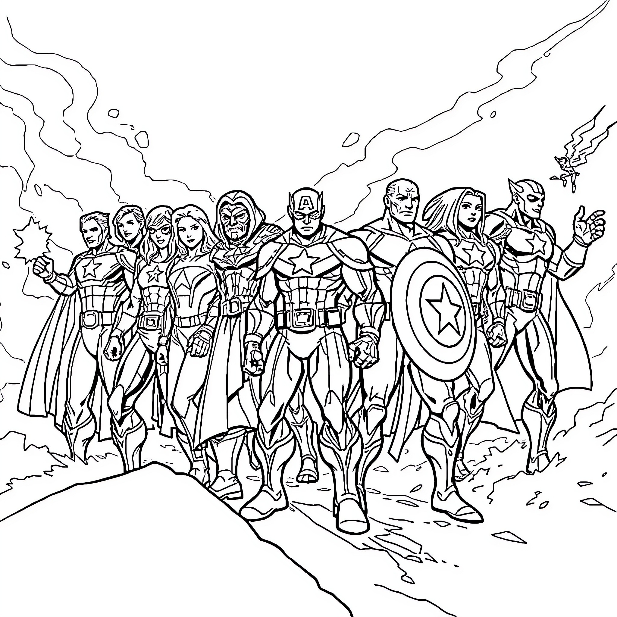 Avenger heroes assembling for action Coloring Page (free black-and-white line drawing printable PDF for all, from beginners to advanced learners, including children, teens, adults, and seniors)