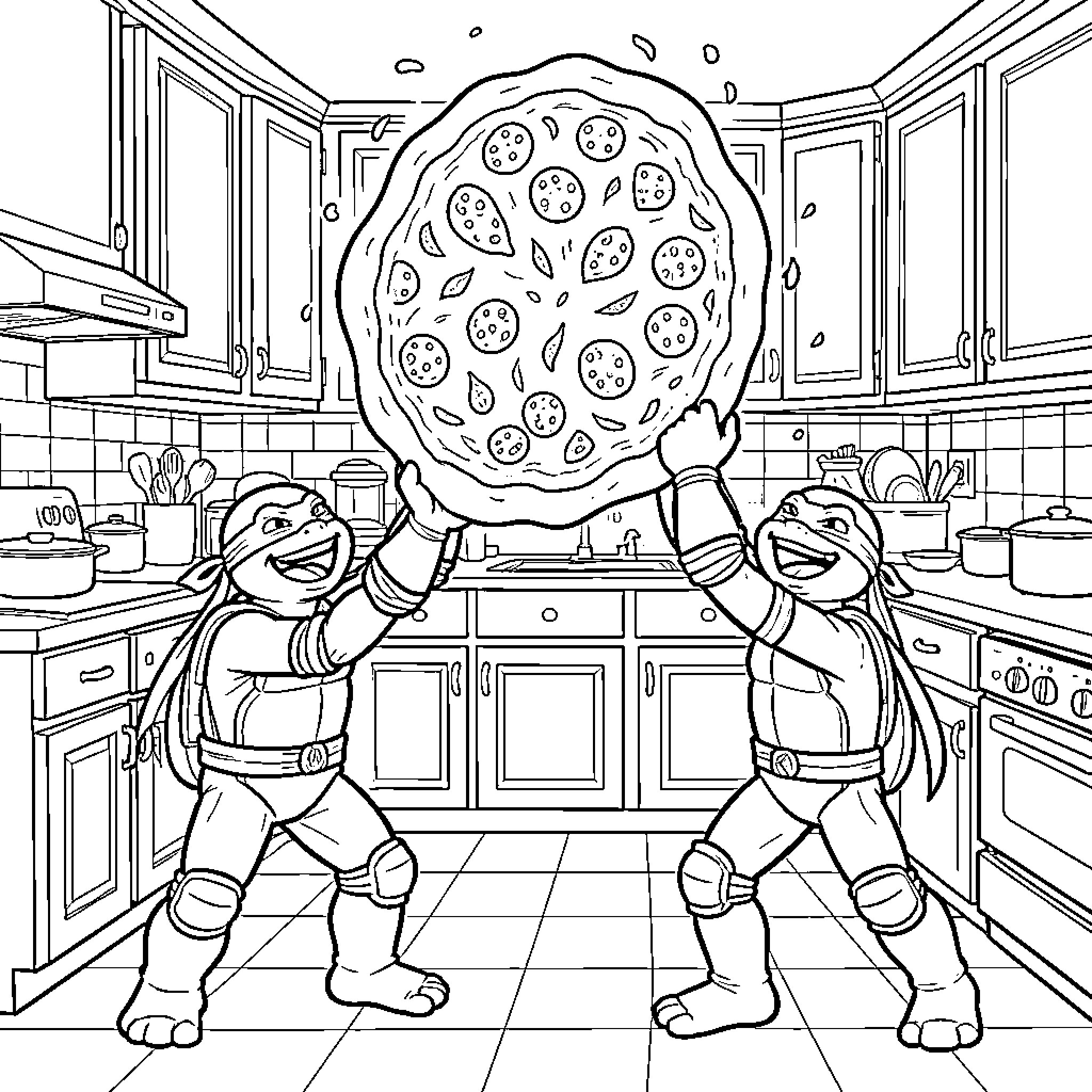 Ninja Turtles Enjoying Giant Pizza in Kitchen Coloring Page (free black-and-white line drawing printable PDF for all, from beginners to advanced learners, including children, teens, adults, and seniors)