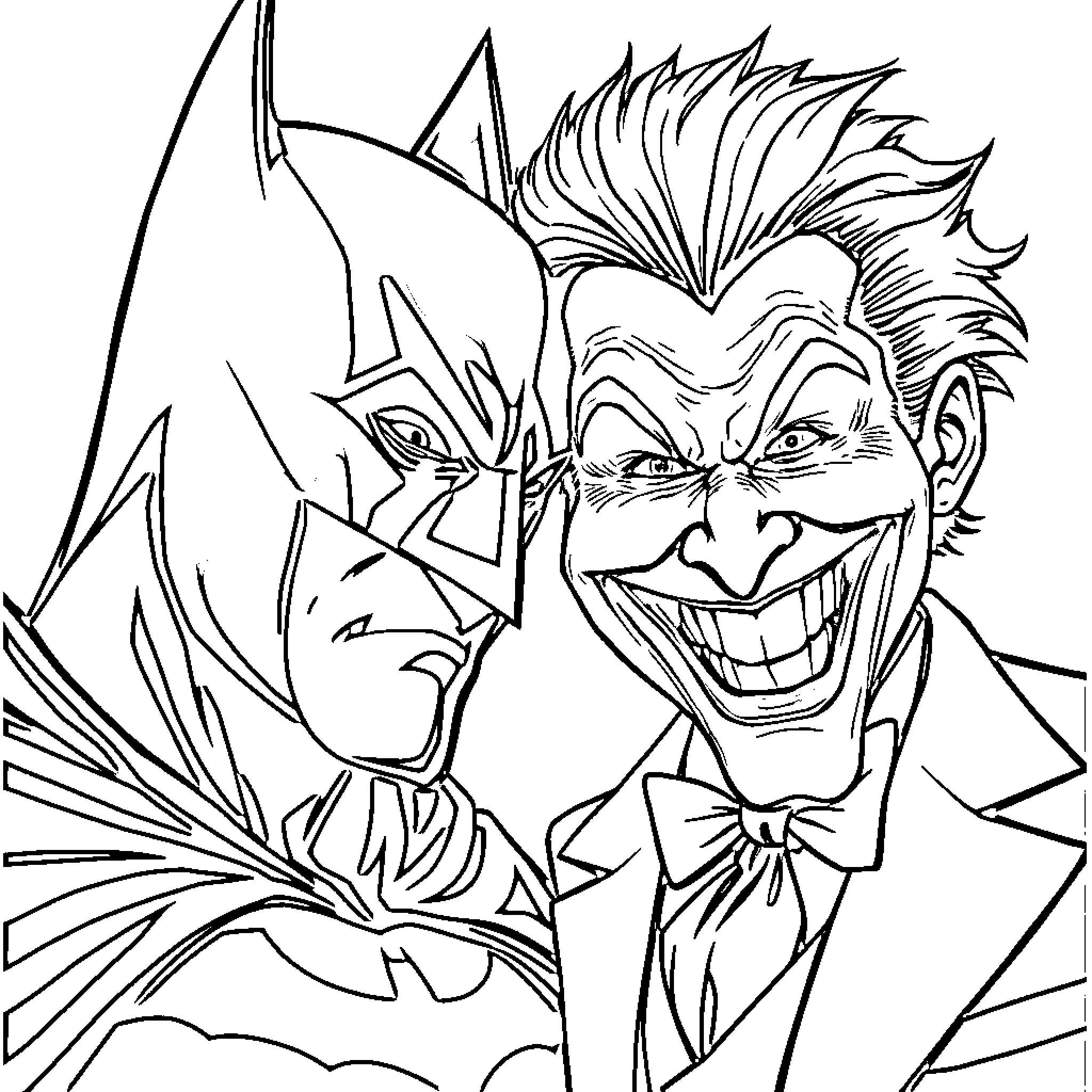 Batman and Joker in Intense Confrontation Coloring Page (free black-and-white line drawing printable PDF for all, from beginners to advanced learners, including children, teens, adults, and seniors)