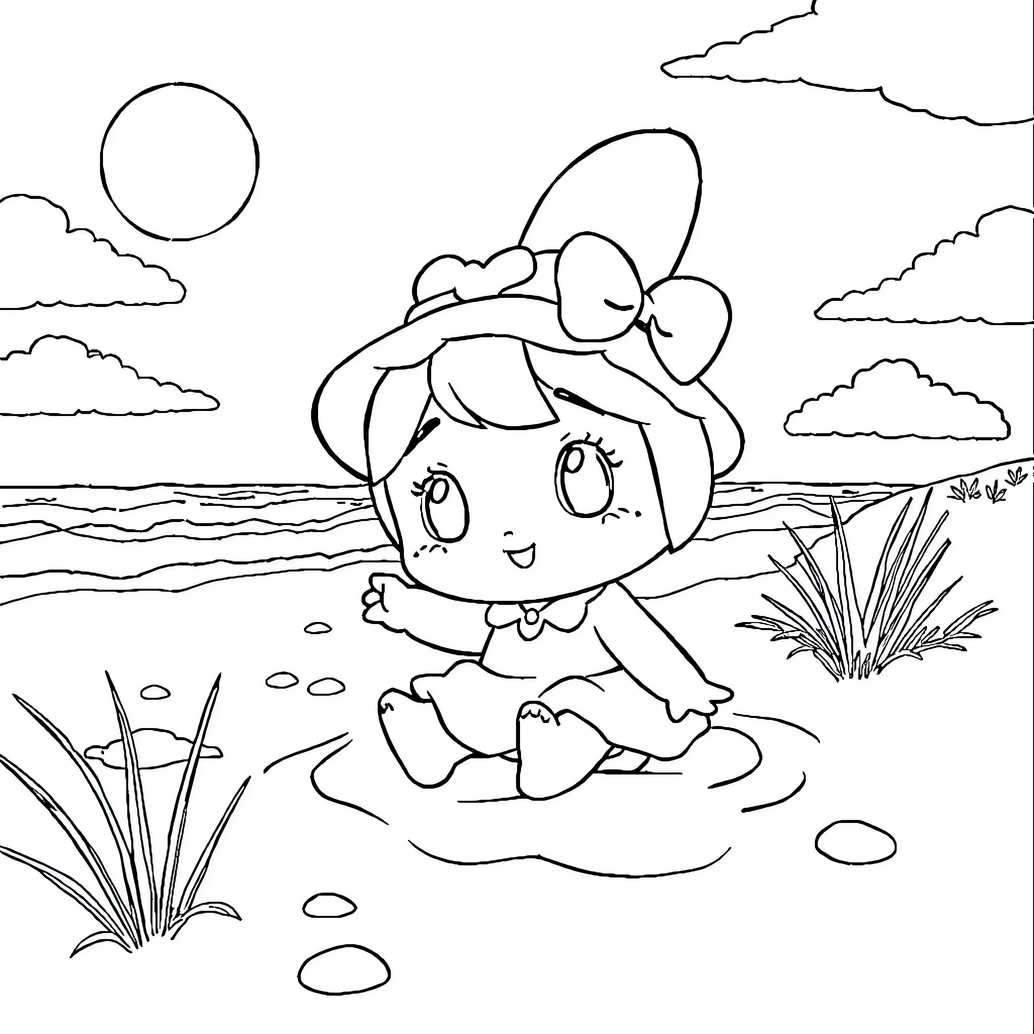 My Melody Relaxing by the Seaside Coloring Page (free black-and-white line drawing printable PDF for all, from beginners to advanced learners, including children, teens, adults, and seniors)