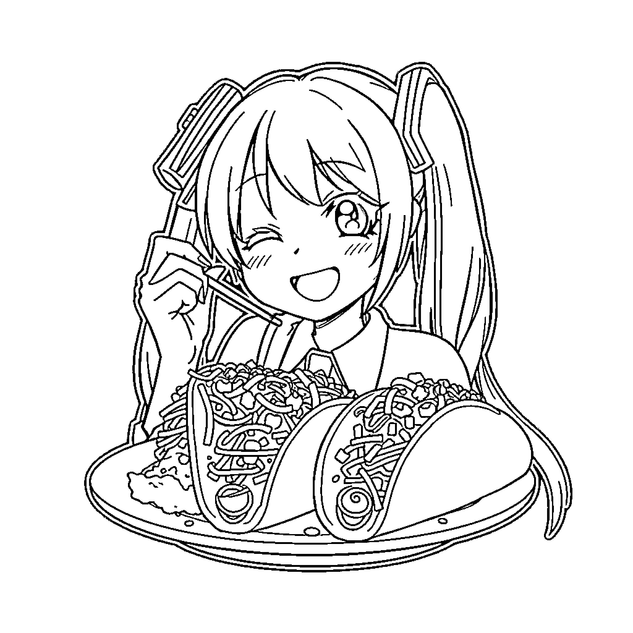 Hatsune Miku Enjoying a Delicious Meal Coloring Page (free black-and-white line drawing printable PDF for all, from beginners to advanced learners, including children, teens, adults, and seniors)