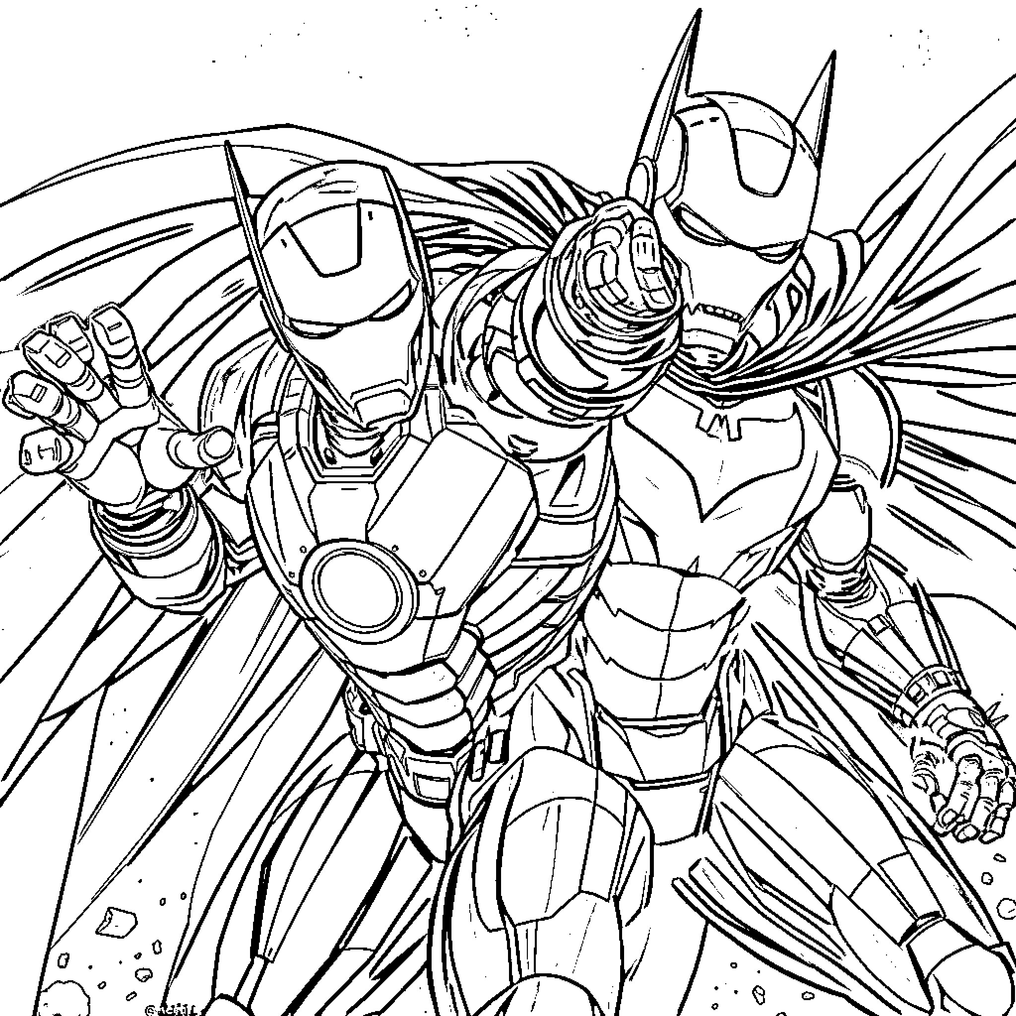 Ironman Heroic Action Scene Coloring Page (free black-and-white line drawing printable PDF for all, from beginners to advanced learners, including children, teens, adults, and seniors)