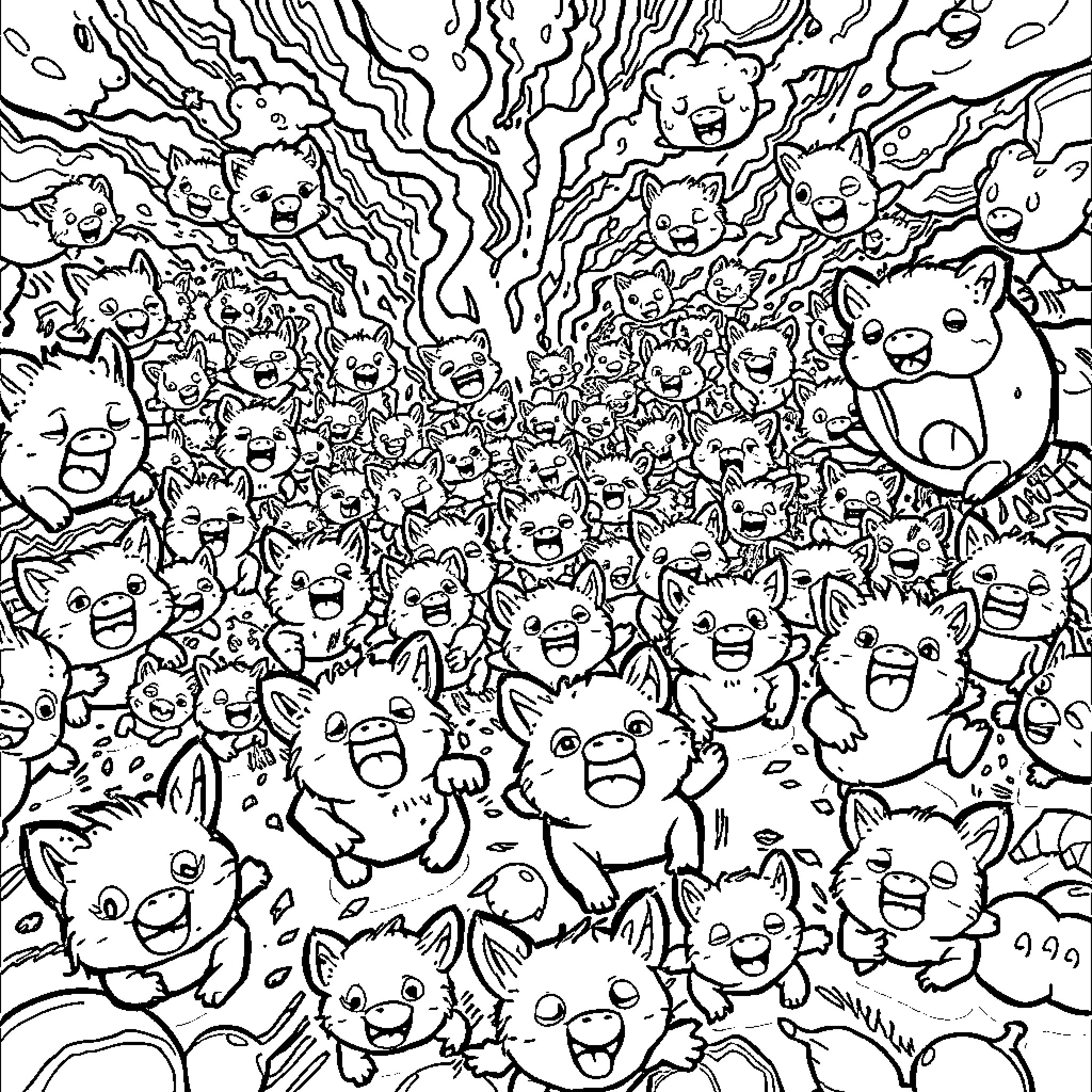 Labubu's Playful Crowd of Cute Creatures Coloring Page (free black-and-white line drawing printable PDF for all, from beginners to advanced learners, including children, teens, adults, and seniors)