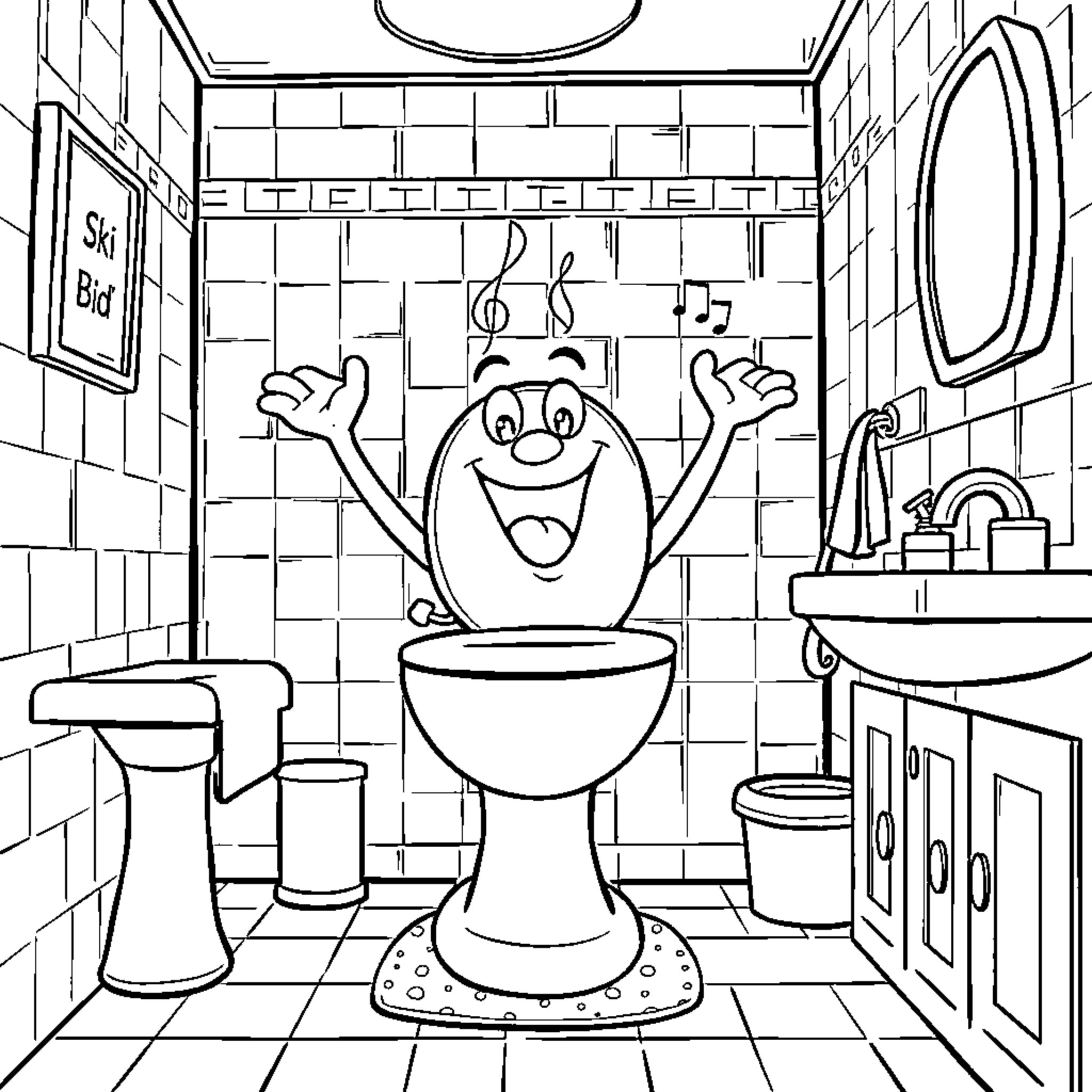 Skibidi Toilet Antics: A Musical Bathroom Escapade Coloring Page (free black-and-white line drawing printable PDF for all, from beginners to advanced learners, including children, teens, adults, and seniors)