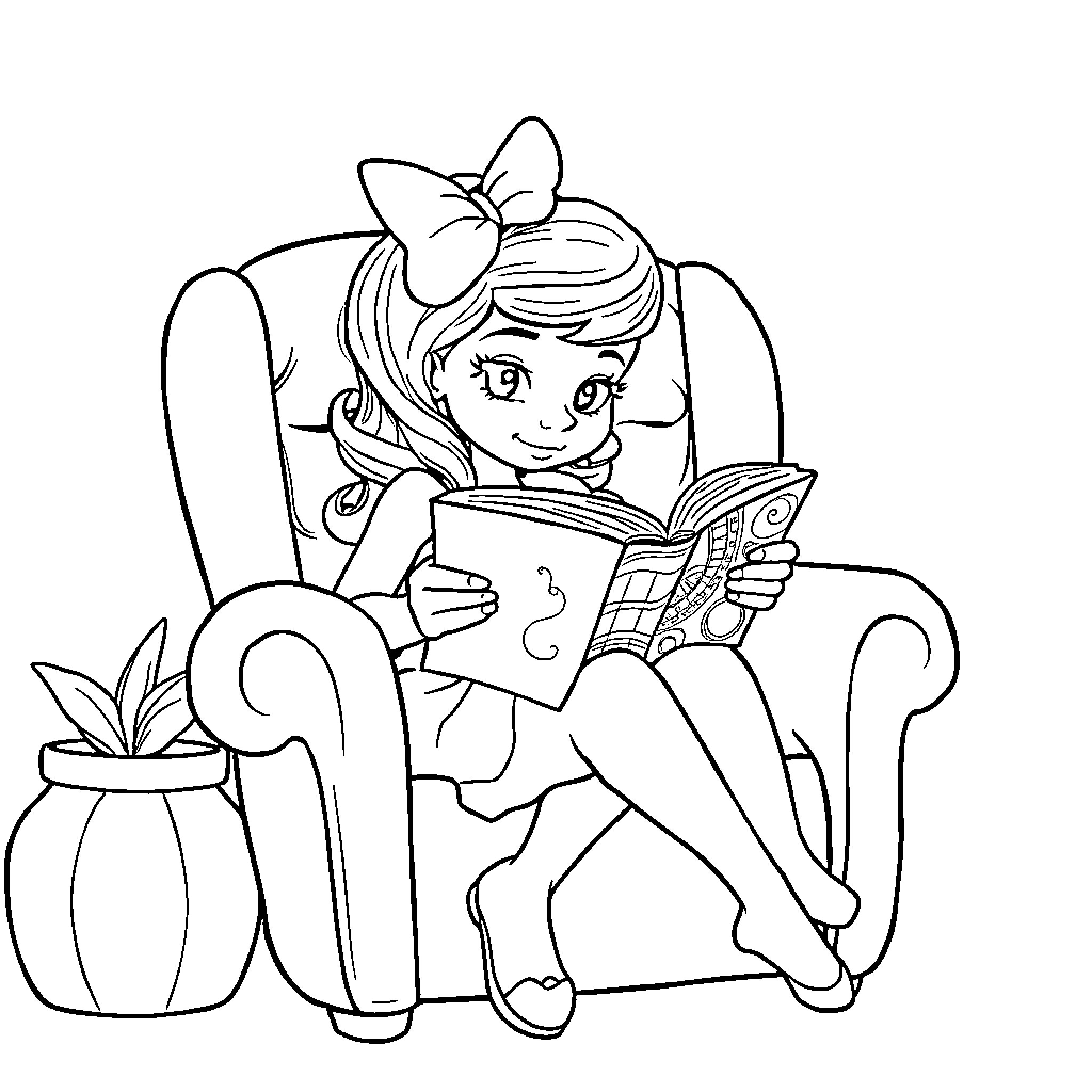 Hermine reading a book in a comfortable chair Coloring Page (free black-and-white line drawing printable PDF for all, from beginners to advanced learners, including children, teens, adults, and seniors)