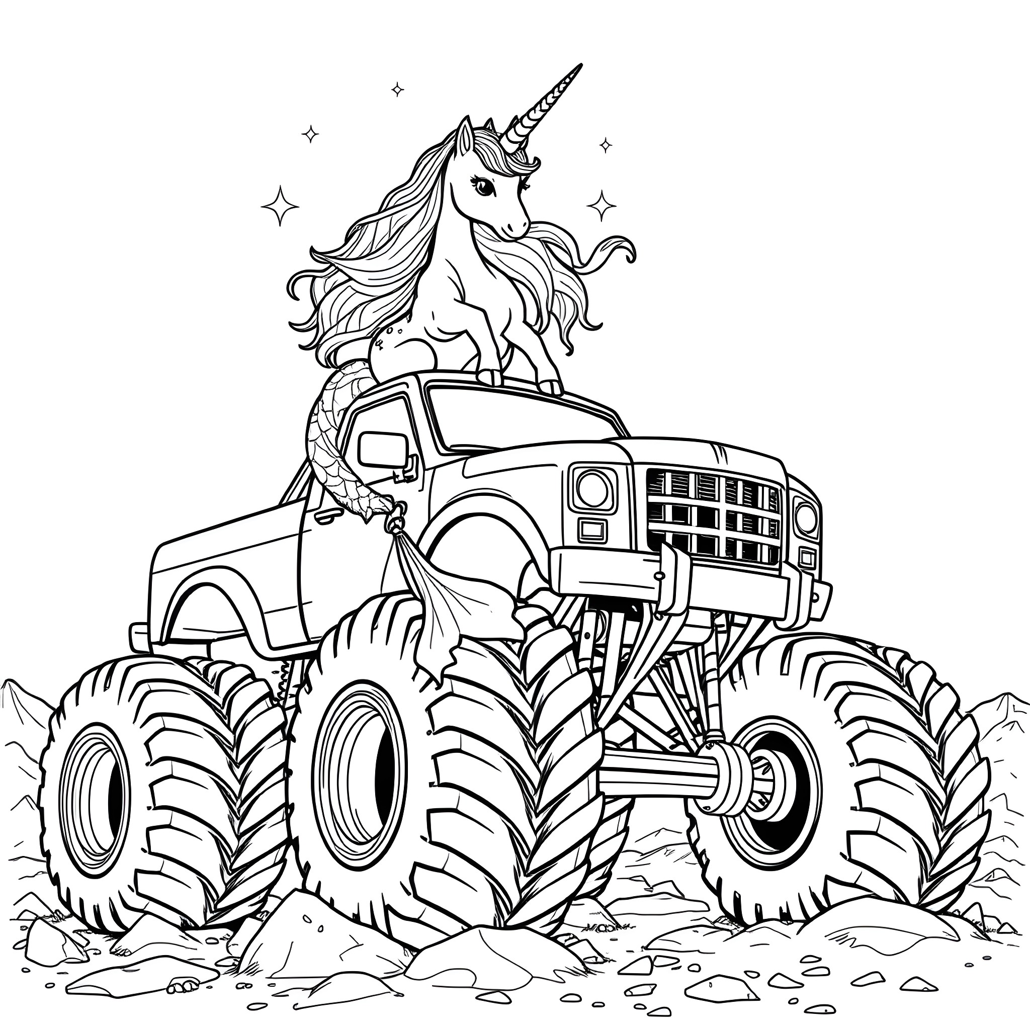 Mermaid Unicorn riding a giant monster truck through the wilderness Coloring Page (free black-and-white line drawing printable PDF for all, from beginners to advanced learners, including children, teens, adults, and seniors)