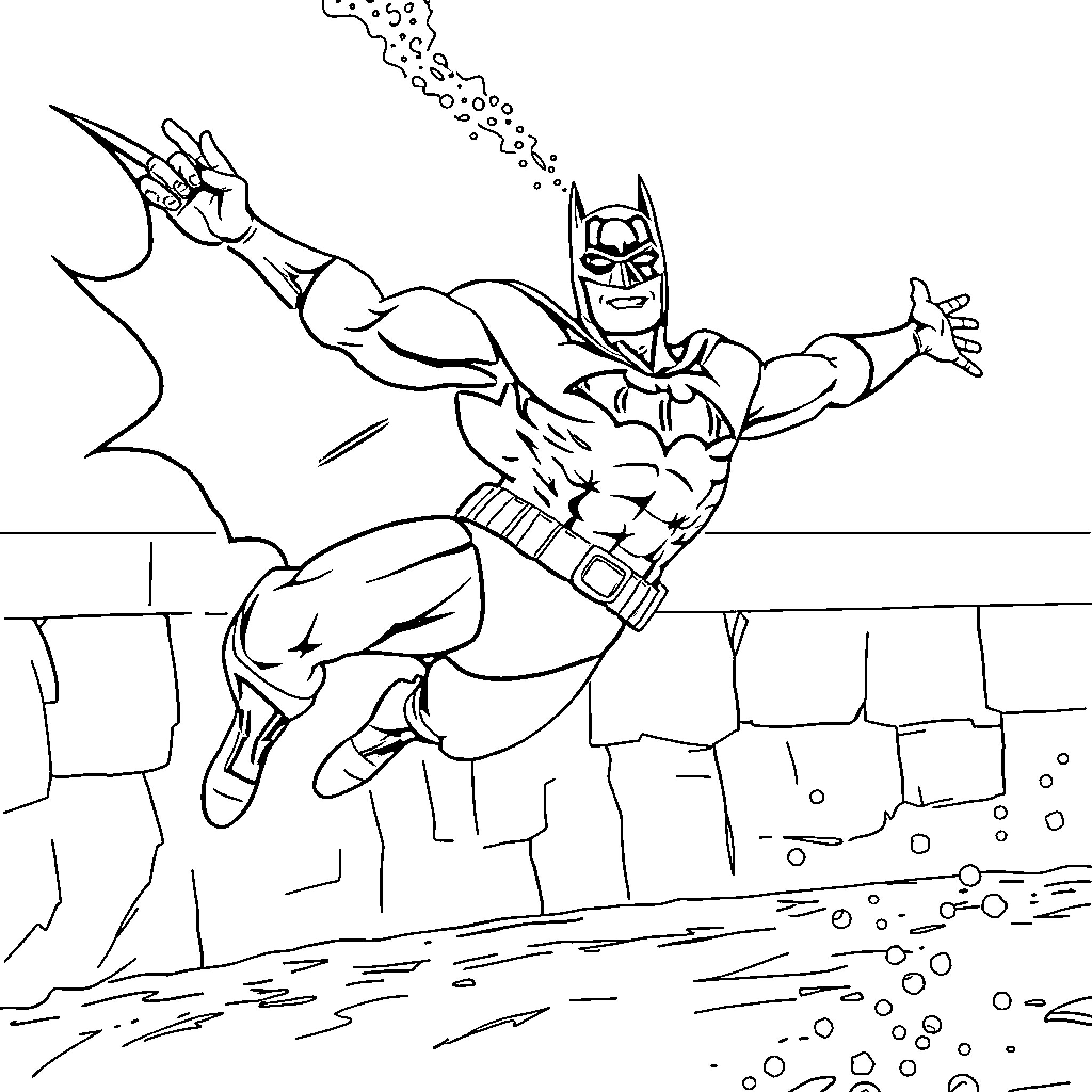 Batman soaring through the night sky Coloring Page (free black-and-white line drawing printable PDF for all, from beginners to advanced learners, including children, teens, adults, and seniors)